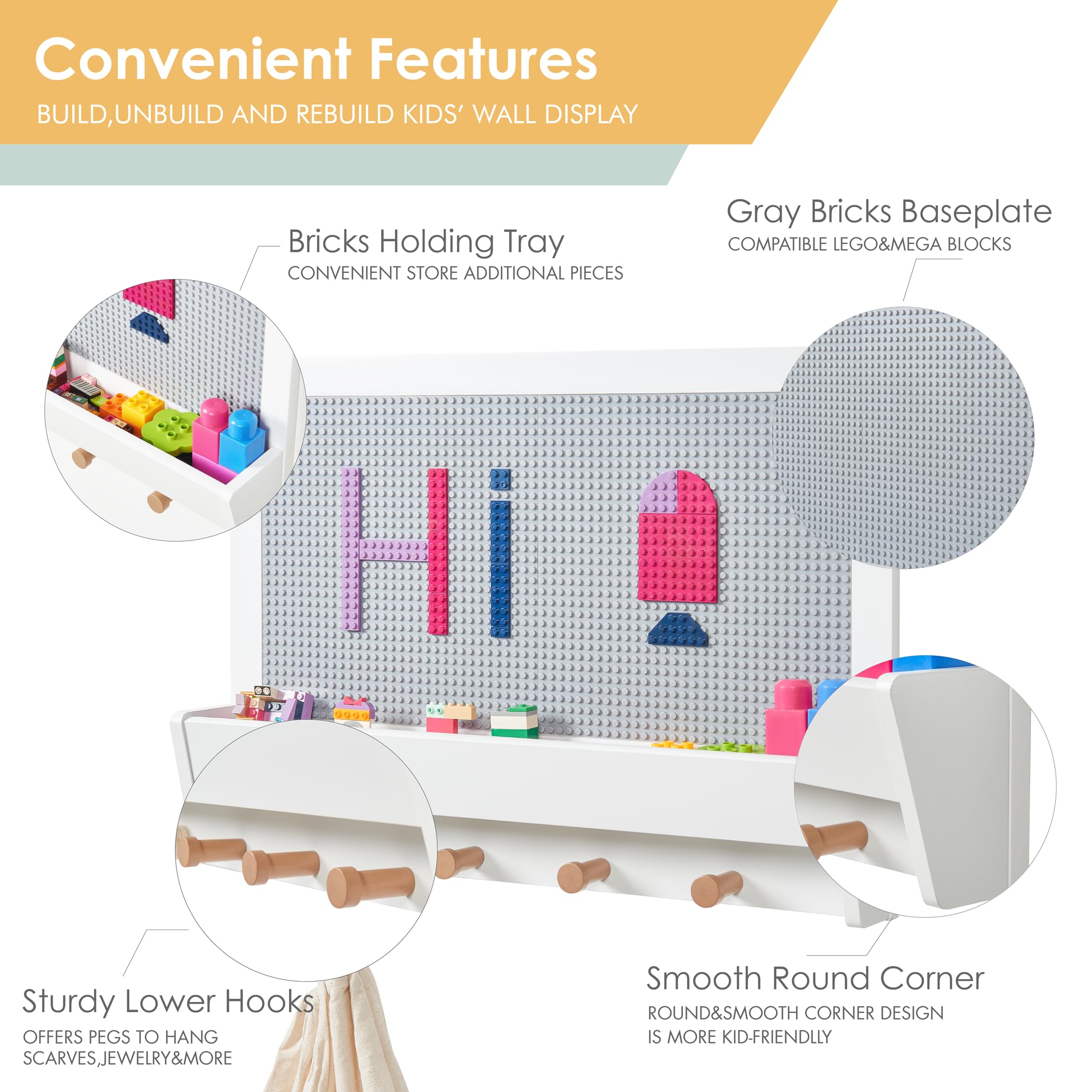 UTEX 2 in 1 Building Block Wall Panel for Kids with Shelf and Hooks, Wood Wall Shelf for Playroom, Nursery - Image 4