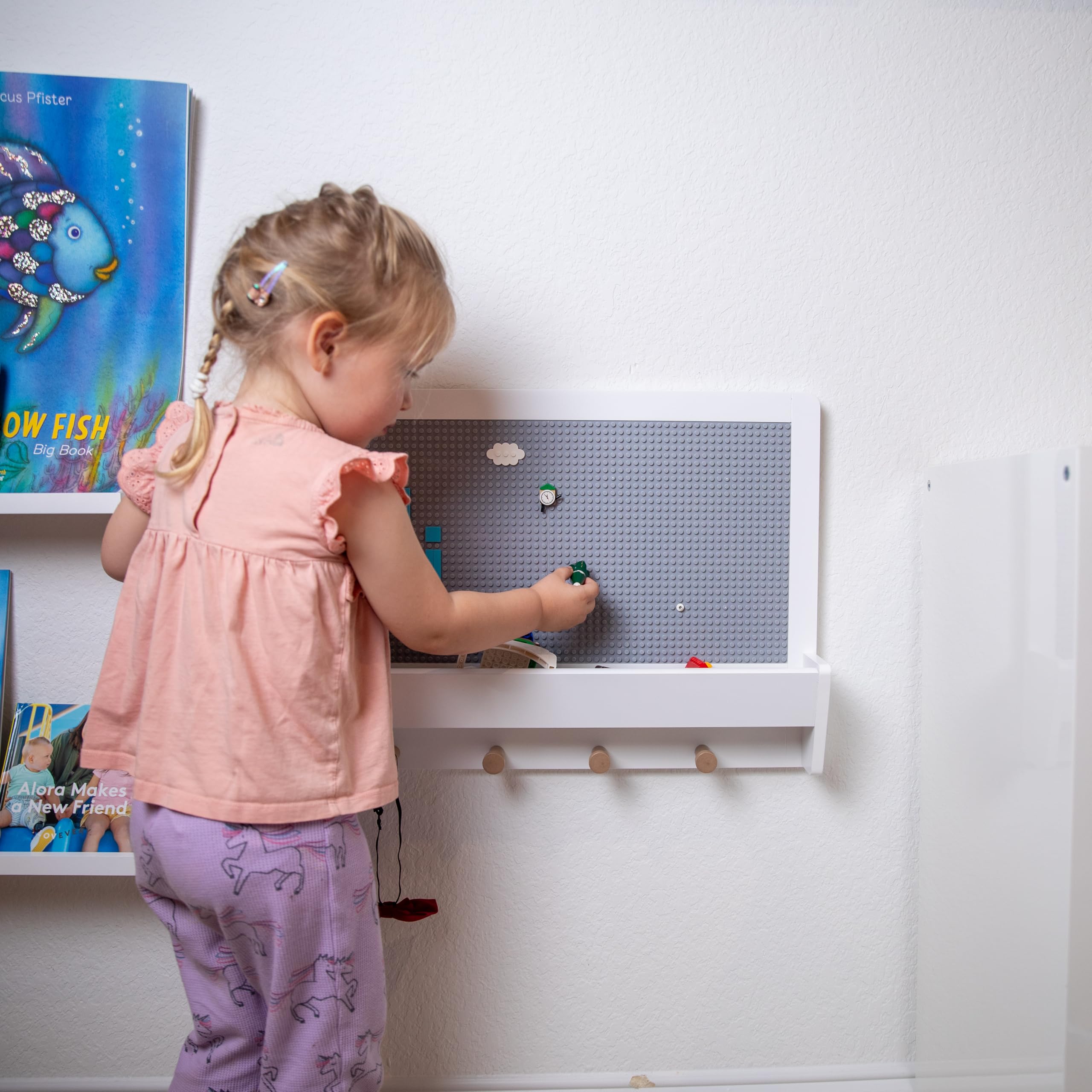 UTEX 2 in 1 Building Block Wall Panel for Kids with Shelf and Hooks, Wood Wall Shelf for Playroom, Nursery - Image 5