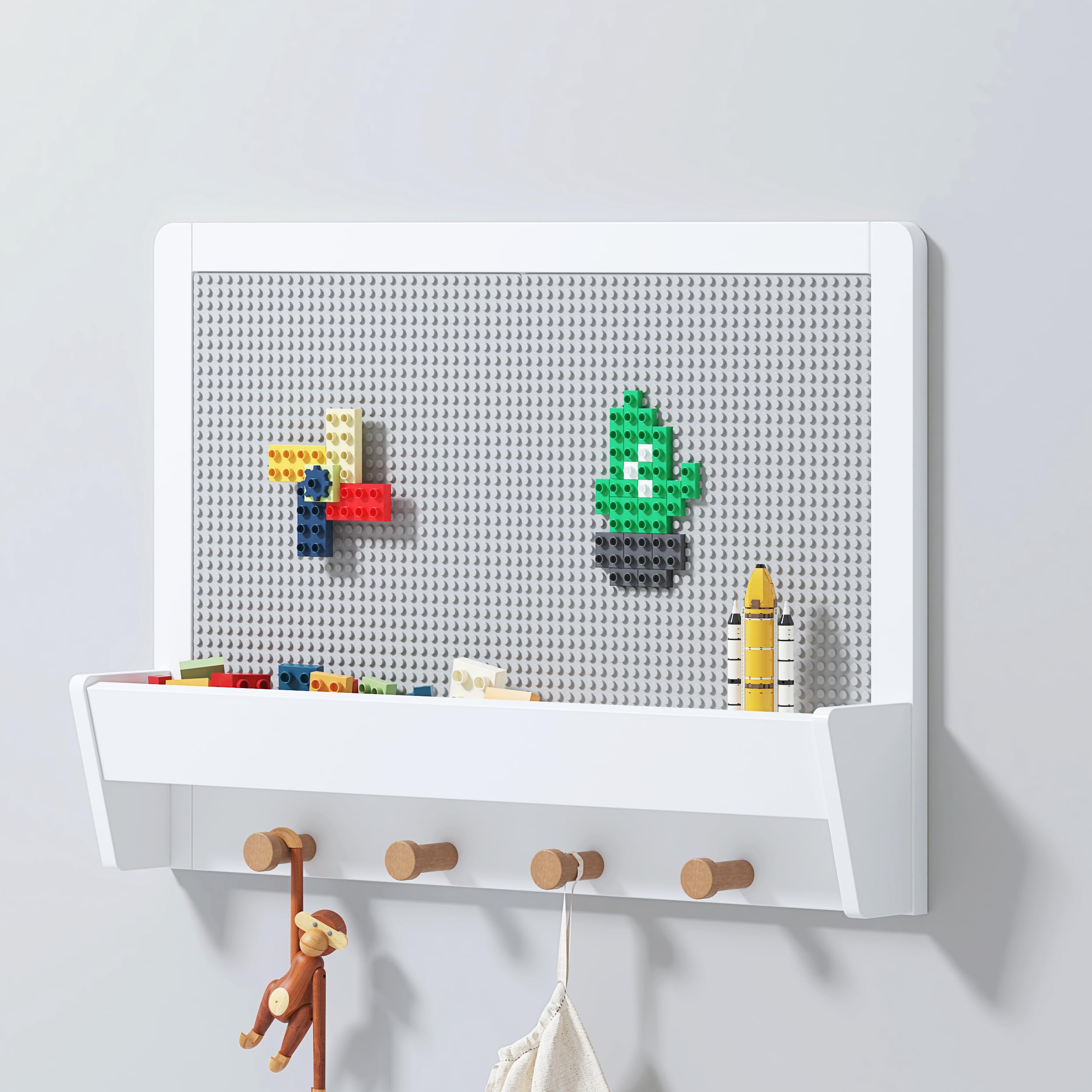 UTEX 2 in 1 Building Block Wall Panel for Kids with Shelf and Hooks, Wood Wall Shelf for Playroom, Nursery - Image 7