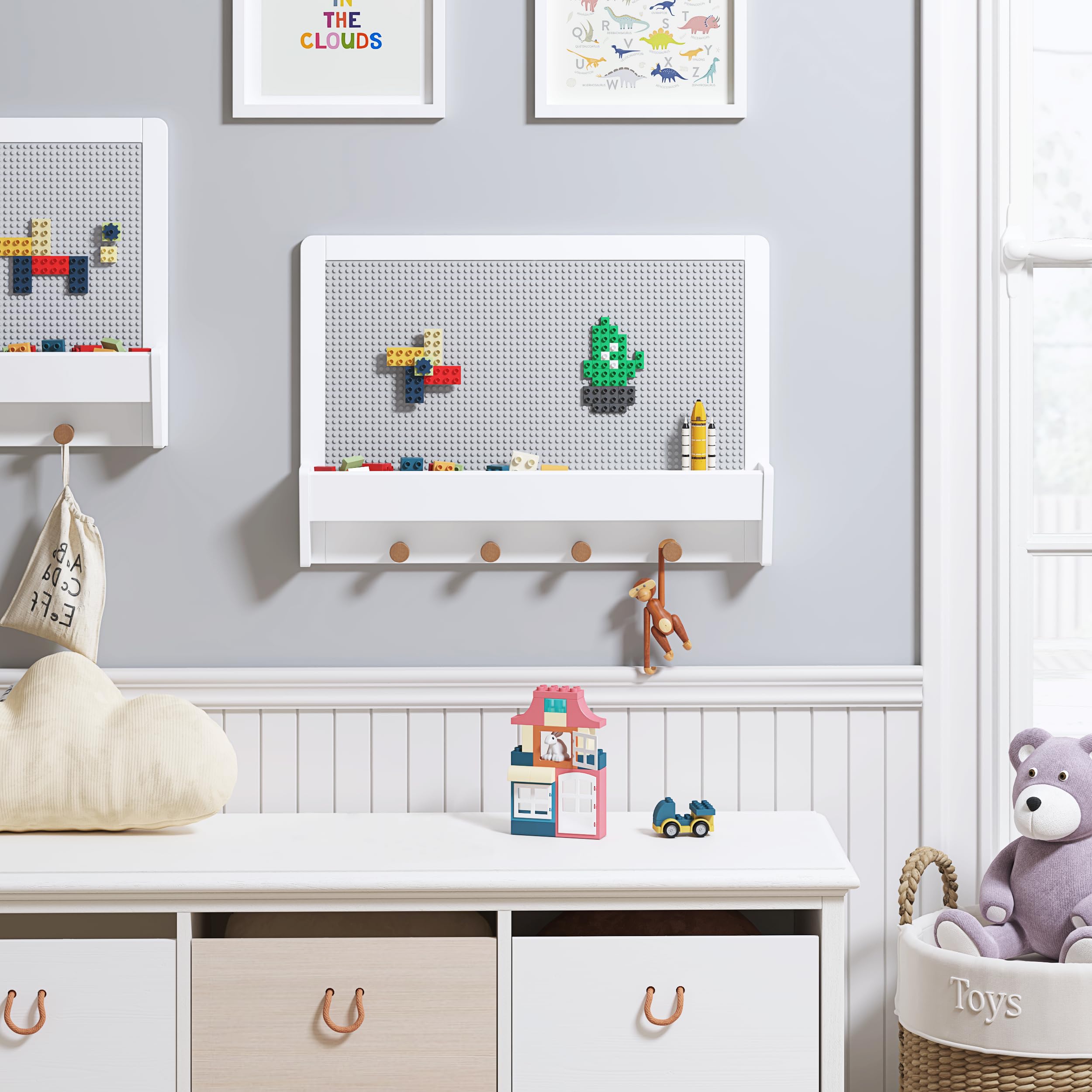 UTEX 2 in 1 Building Block Wall Panel for Kids with Shelf and Hooks, Wood Wall Shelf for Playroom, Nursery - Image 9