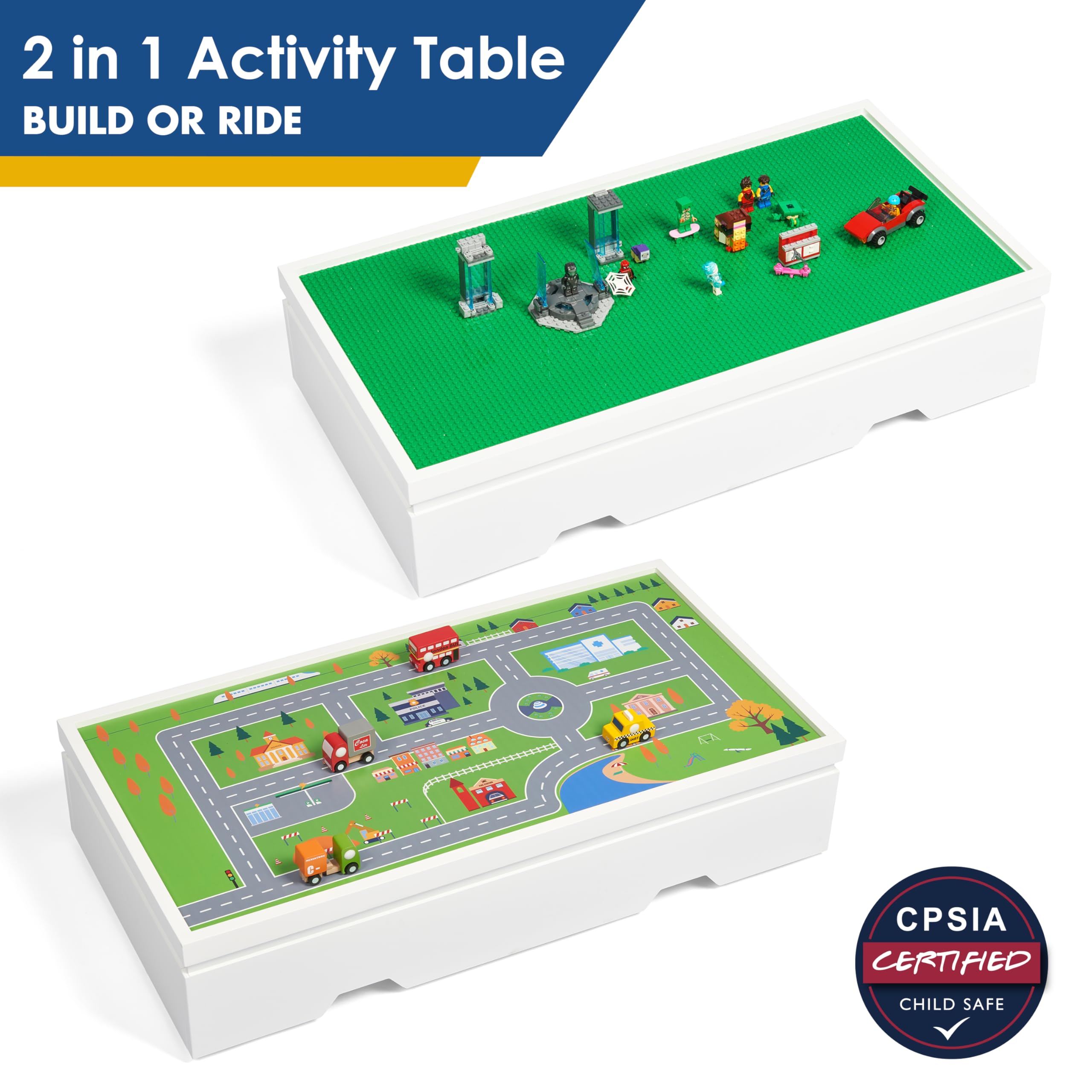 UTEX 3 in 1 Construction Play Table Compatible with Lego, Rolling Kids Activity Train Table with Storage and Wheels, Reversible Top Store Under Beds or Sofas - Image 4
