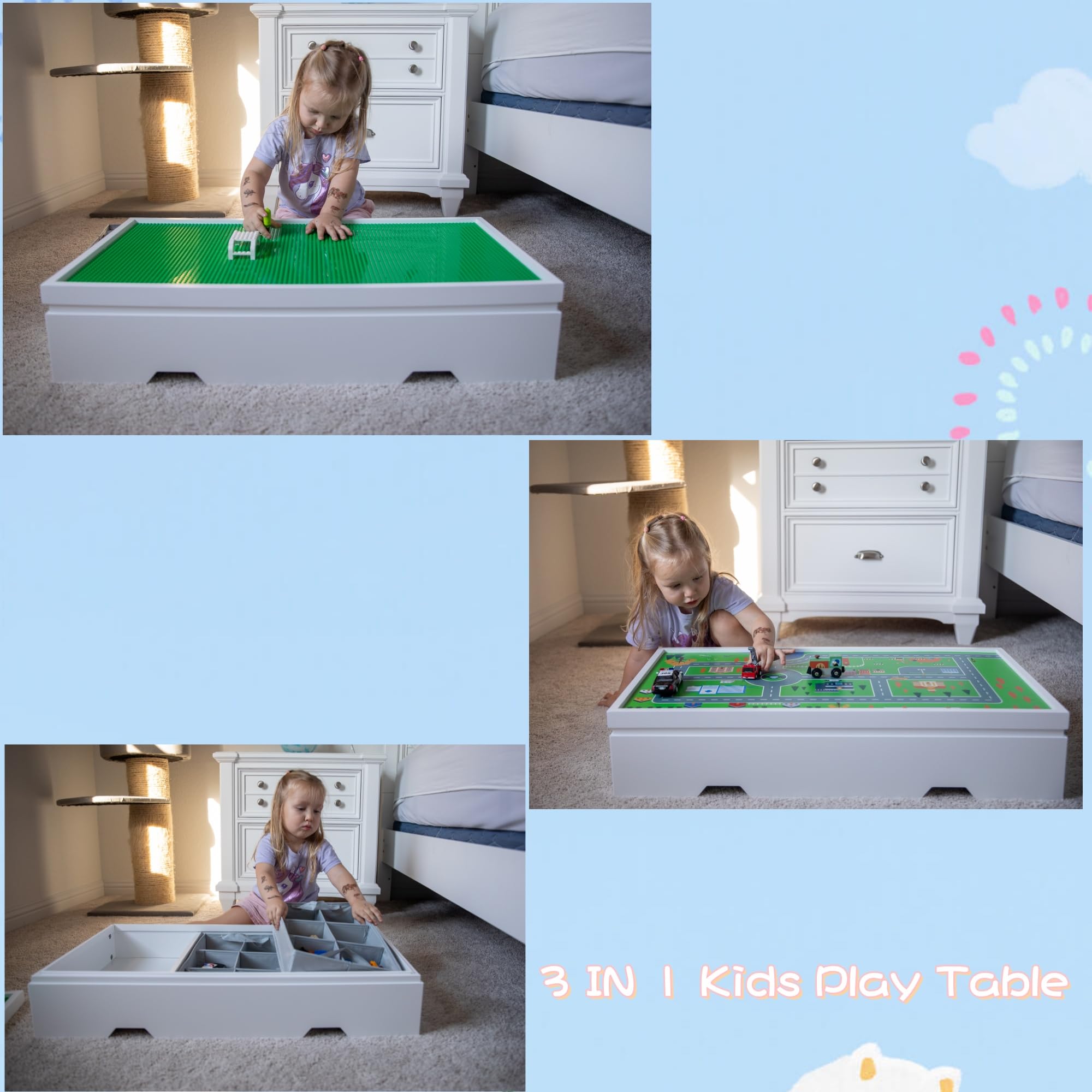 UTEX 3 in 1 Construction Play Table Compatible with Lego, Rolling Kids Activity Train Table with Storage and Wheels, Reversible Top Store Under Beds or Sofas - Image 6