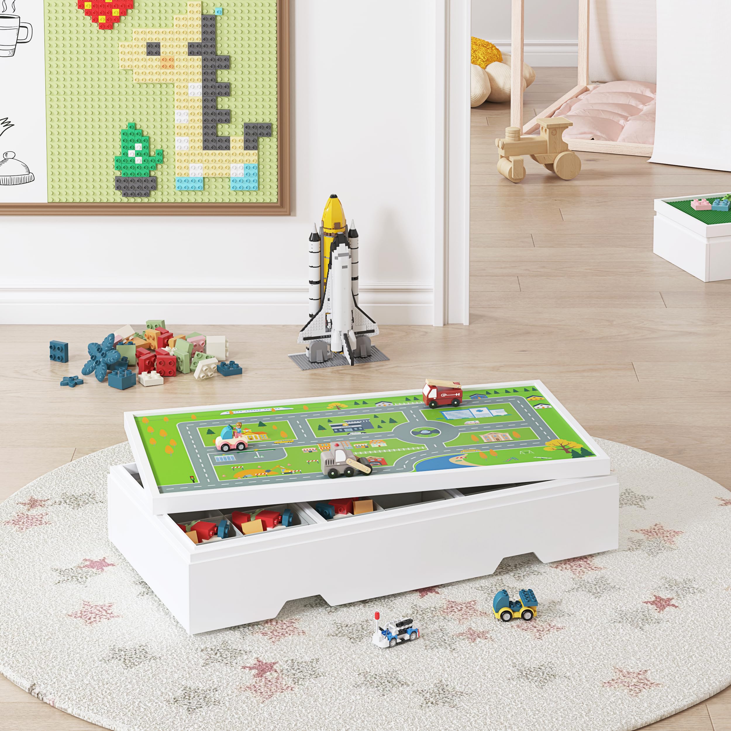 UTEX 3 in 1 Construction Play Table Compatible with Lego, Rolling Kids Activity Train Table with Storage and Wheels, Reversible Top Store Under Beds or Sofas - Image 7