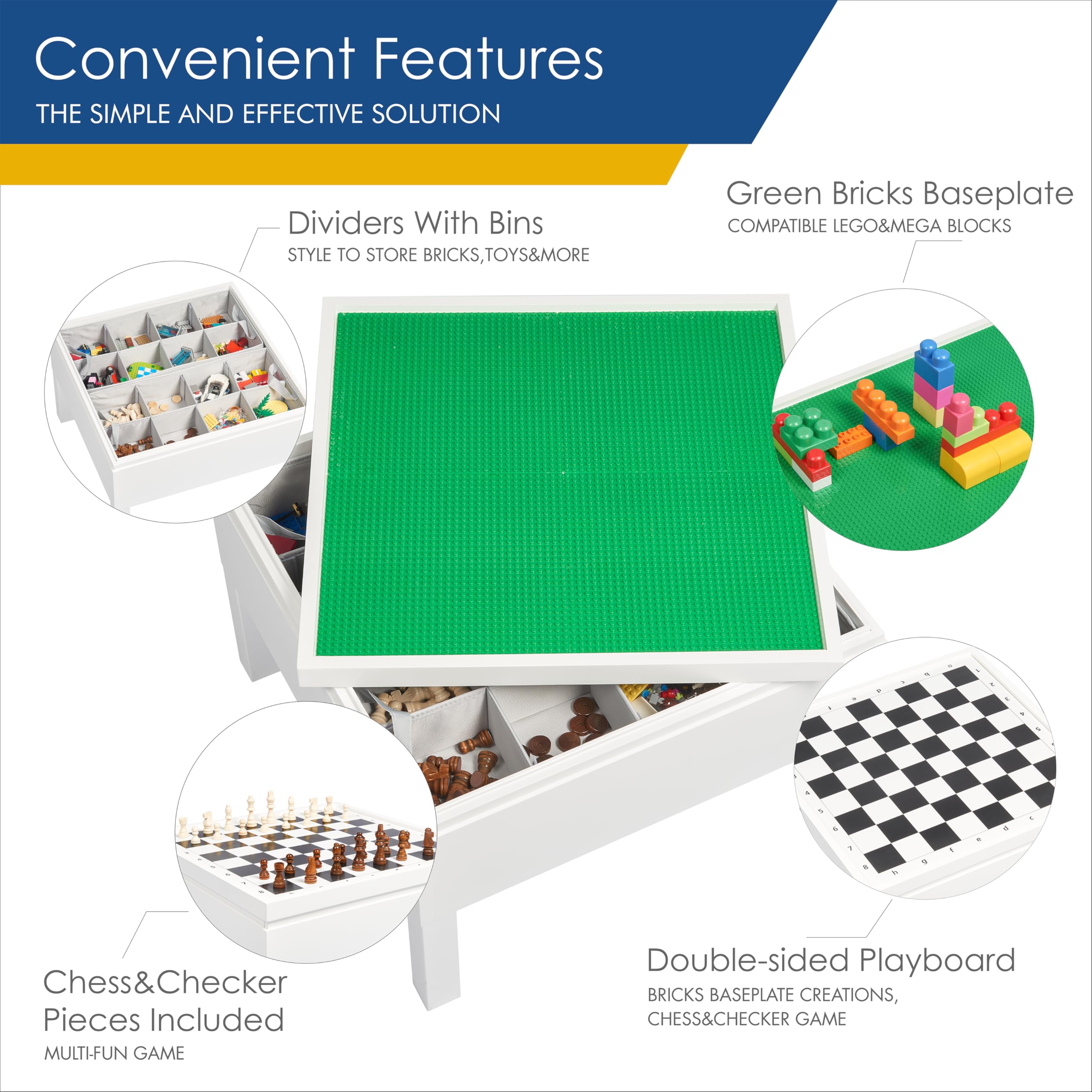 UTEX 3 in 1 Kids Activity Table with Storage, Kids Construction Play Table Compatible with Lego and Duplo Bricks, Chess Table for Building Block, Drawing, Crafts - Image 3