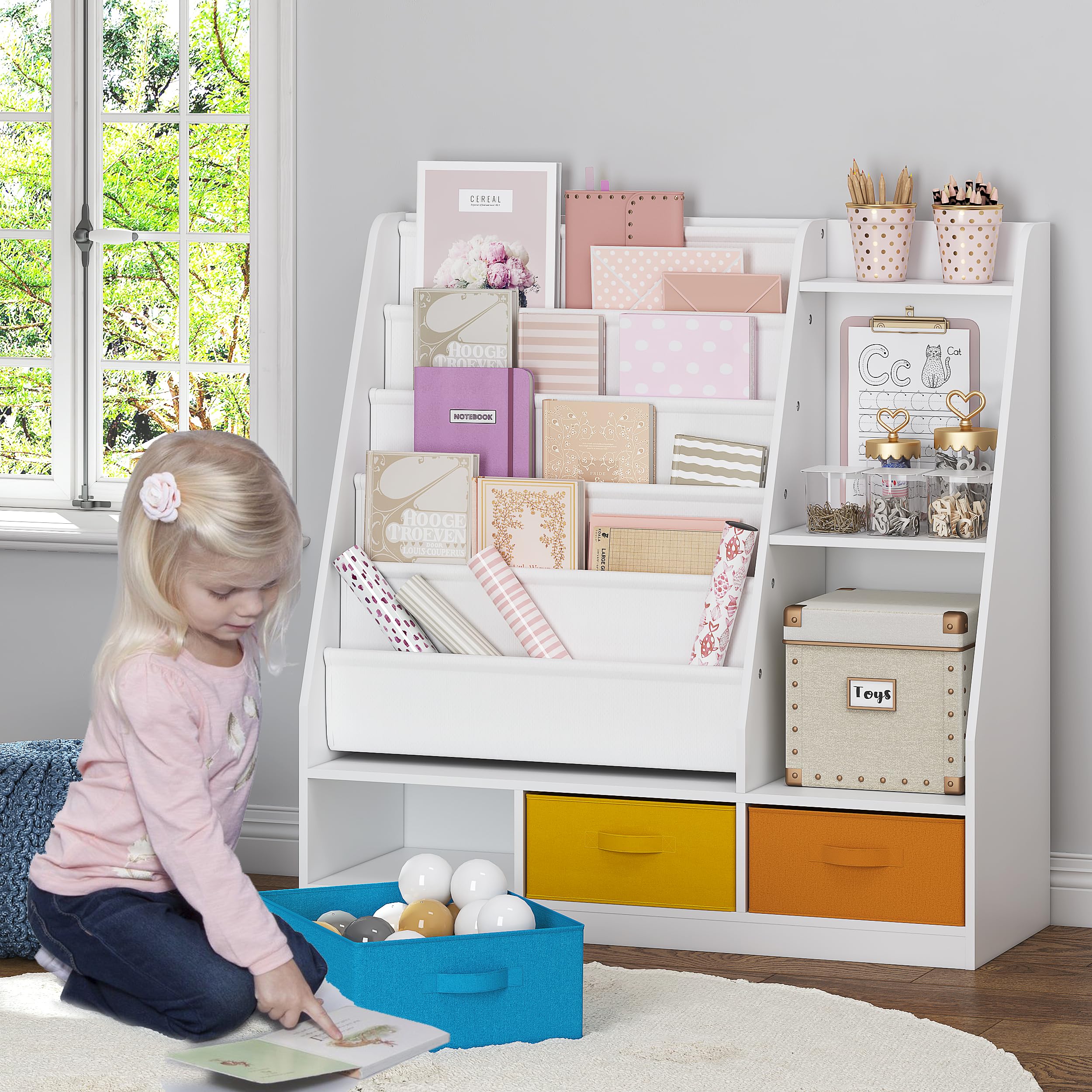 UTEX 5-Tier Kids Sling Bookshelf with Storage Bins, Wood Children Bookcase, Toddler Montessori Book Shelf for Kids Room, Classroom, Bedroom, and Nursery, White - Image 3