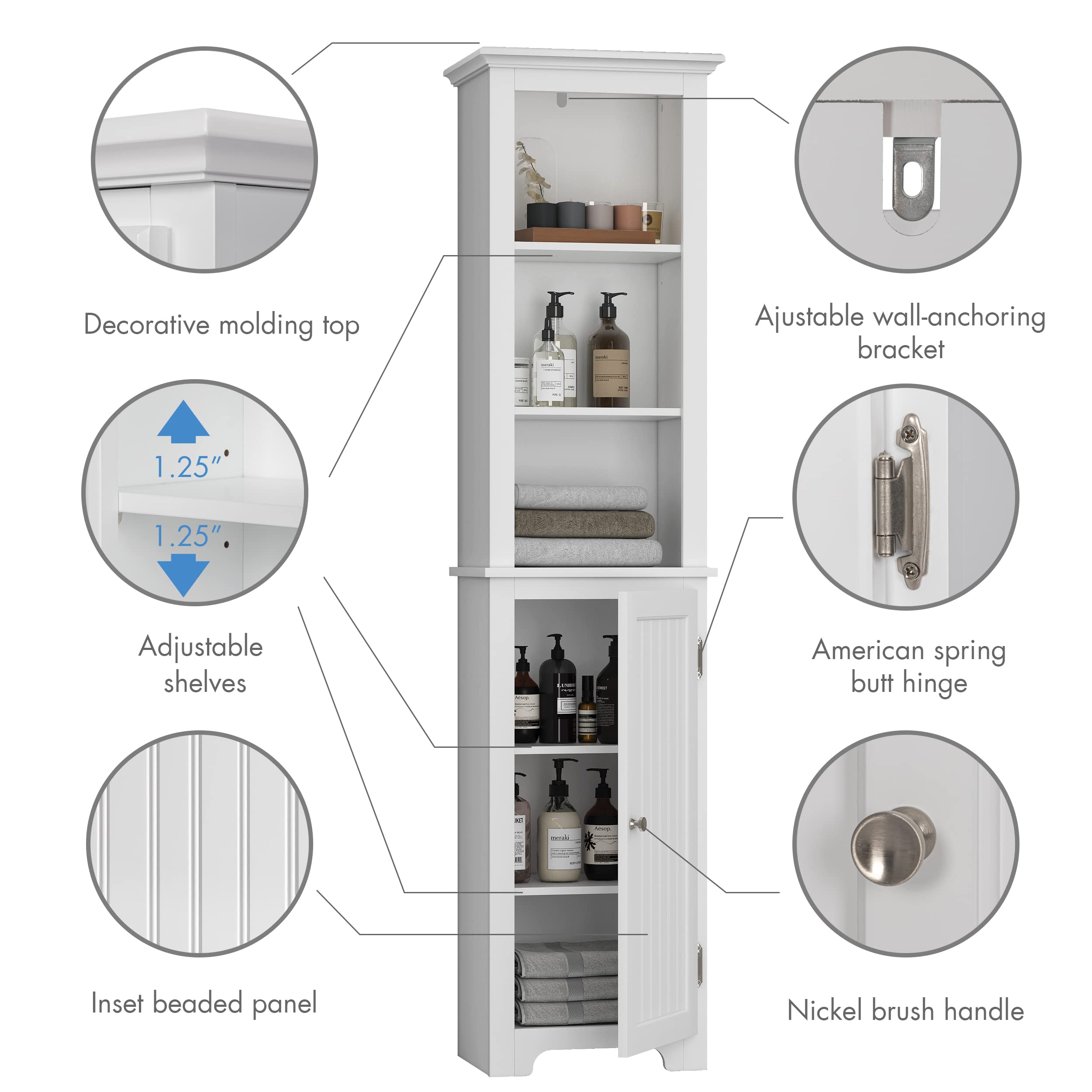 UTEX 64" Freestanding Storage Cabinet, Bathroom Tall Silm Cabinet with Doors and Adjustable Shelves, Free Standing Linen Tower, Home Storage Furniture, White - Image 4