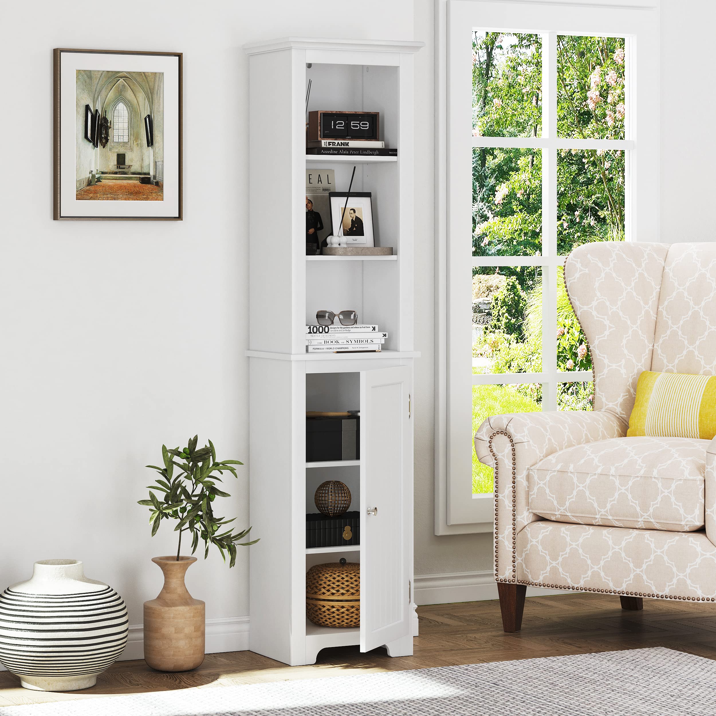 UTEX 64" Freestanding Storage Cabinet, Bathroom Tall Silm Cabinet with Doors and Adjustable Shelves, Free Standing Linen Tower, Home Storage Furniture, White - Image 6