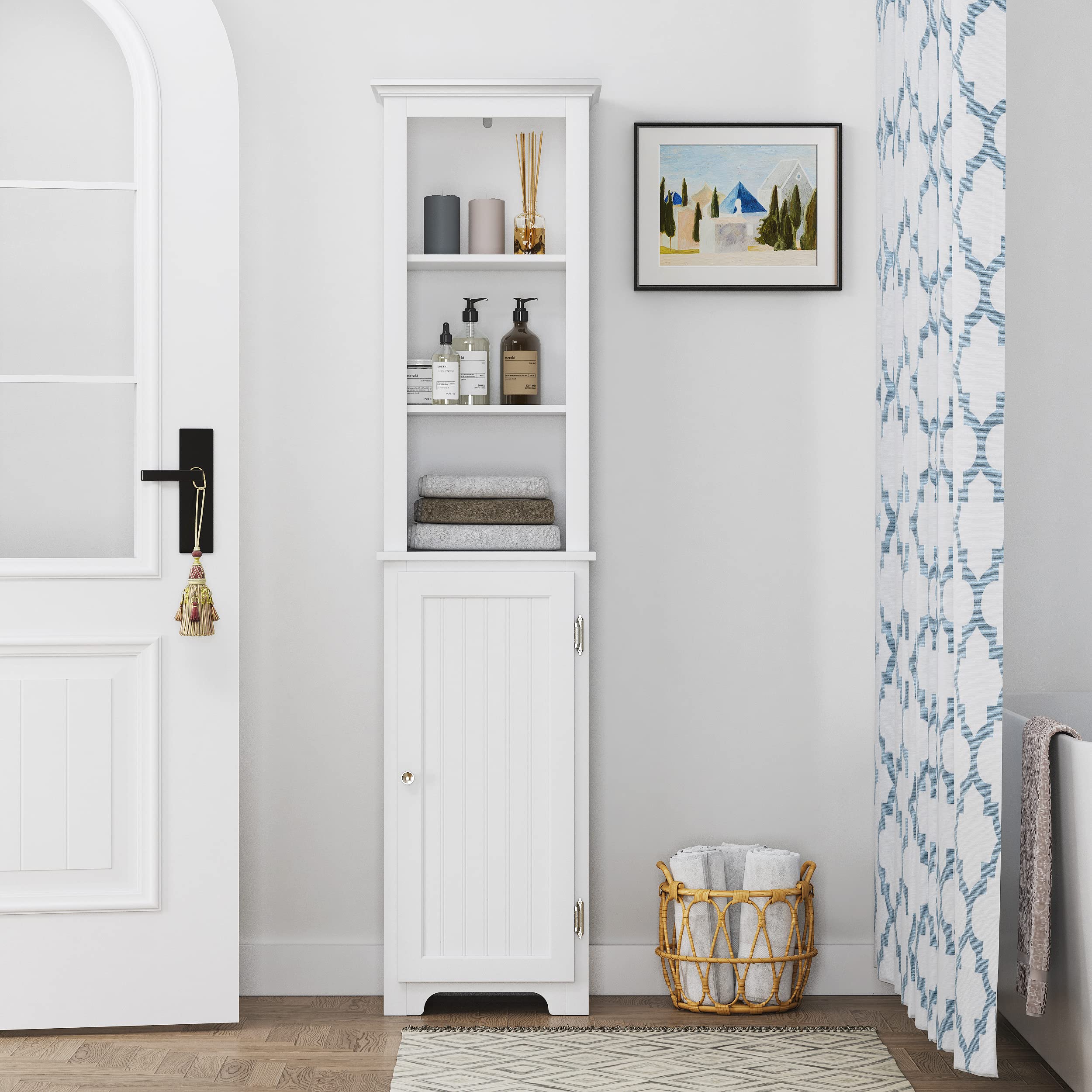 UTEX 64" Freestanding Storage Cabinet, Bathroom Tall Silm Cabinet with Doors and Adjustable Shelves, Free Standing Linen Tower, Home Storage Furniture, White - Image 8