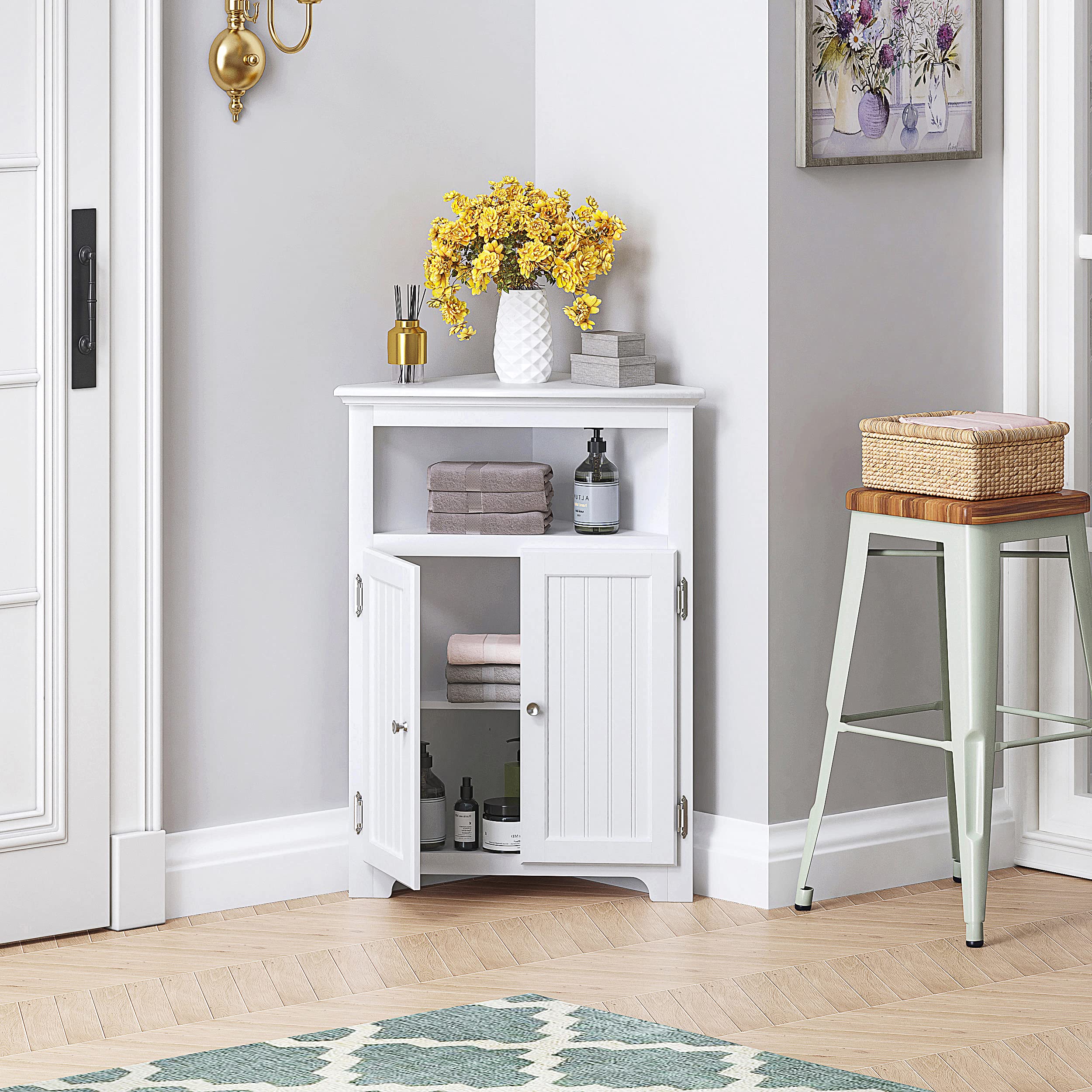 UTEX Bathroom Corner Storage Cabinet, Small Floor Corner Cabinet with Doors and Adjustable Shelves, Freestanding Narrow Storage Organizer for Bathroom, Kitchen, Living Room, White | Floor Corner Cabinet, Doors, Adjustable Shelves, Freestanding, Narrow Cabinet, Organizer - Image 3