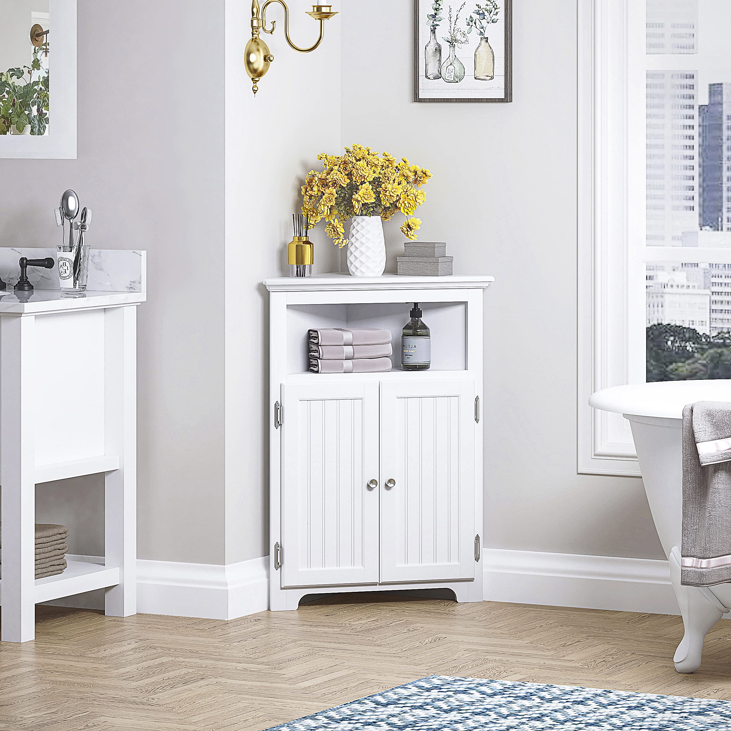 UTEX Bathroom Corner Storage Cabinet, Small Floor Corner Cabinet with Doors and Adjustable Shelves, Freestanding Narrow Storage Organizer for Bathroom, Kitchen, Living Room, White | Floor Corner Cabinet, Doors, Adjustable Shelves, Freestanding, Narrow Cabinet, Organizer - Image 6