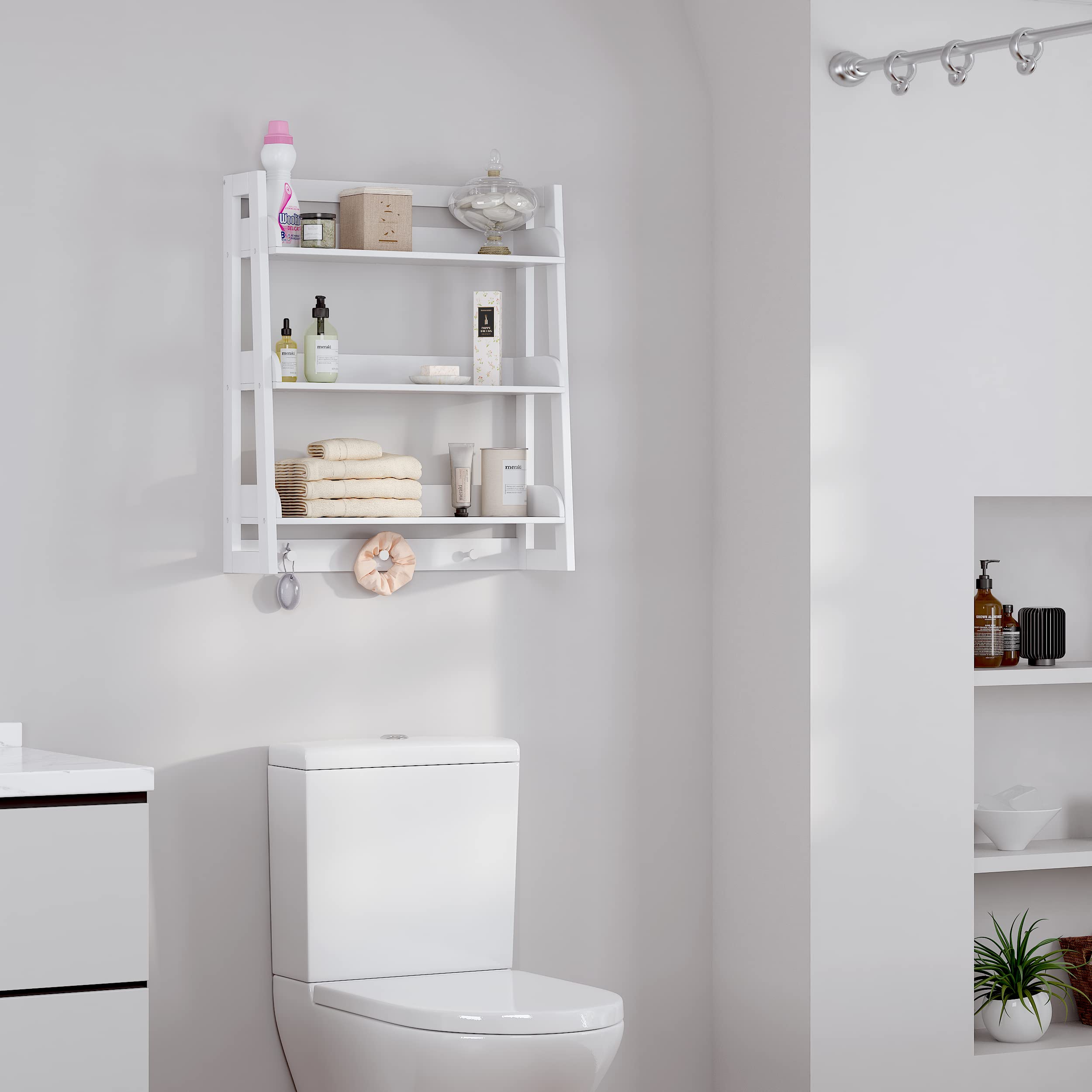 UTEX Bathroom Wall Shelf, Over Toilet Storage Shelf Organizer, 3-Tier Wall Mount Shelf Rack with Hook, White - Image 4