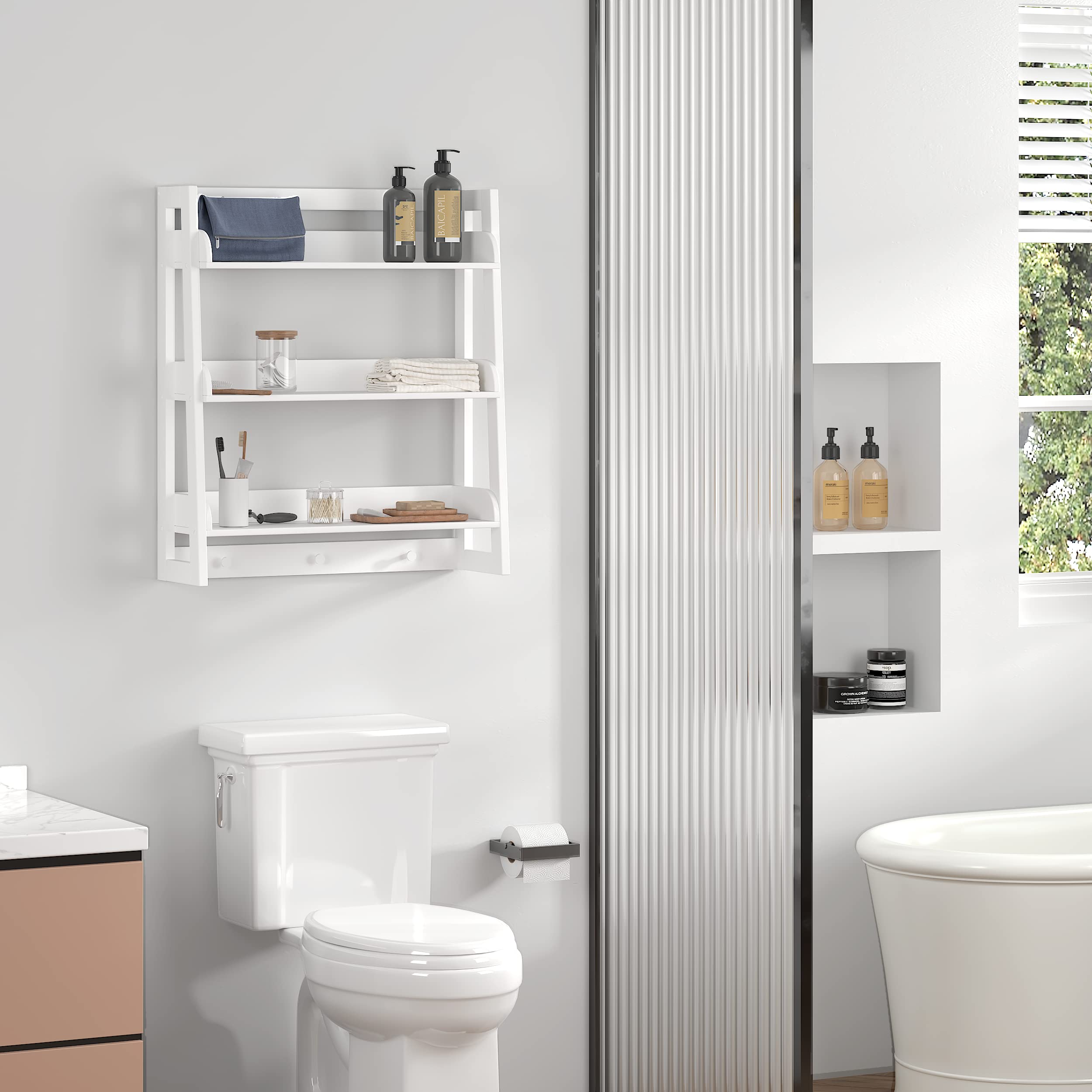 UTEX Bathroom Wall Shelf, Over Toilet Storage Shelf Organizer, 3-Tier Wall Mount Shelf Rack with Hook, White - Image 5