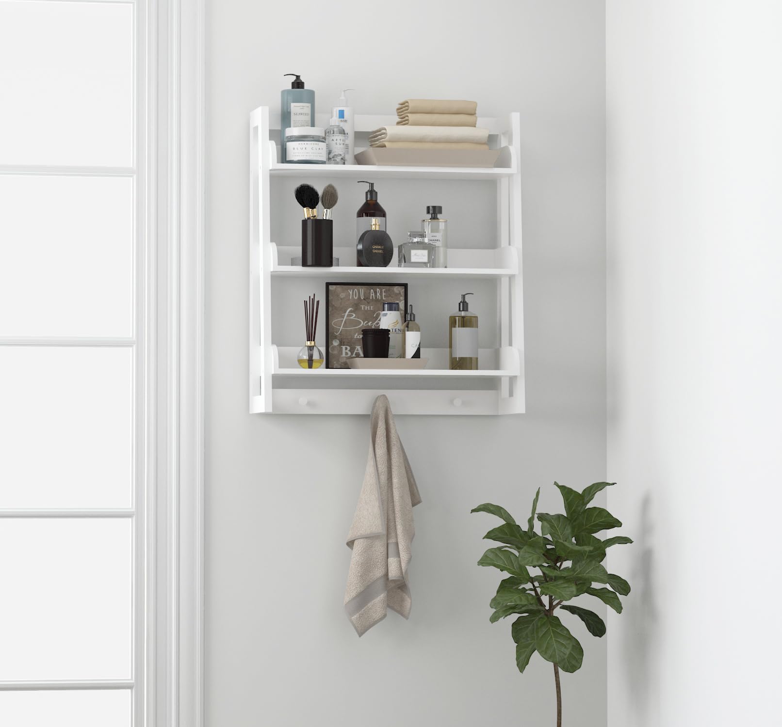 UTEX Bathroom Wall Shelf, Over Toilet Storage Shelf Organizer, 3-Tier Wall Mount Shelf Rack with Hook, White - Image 6