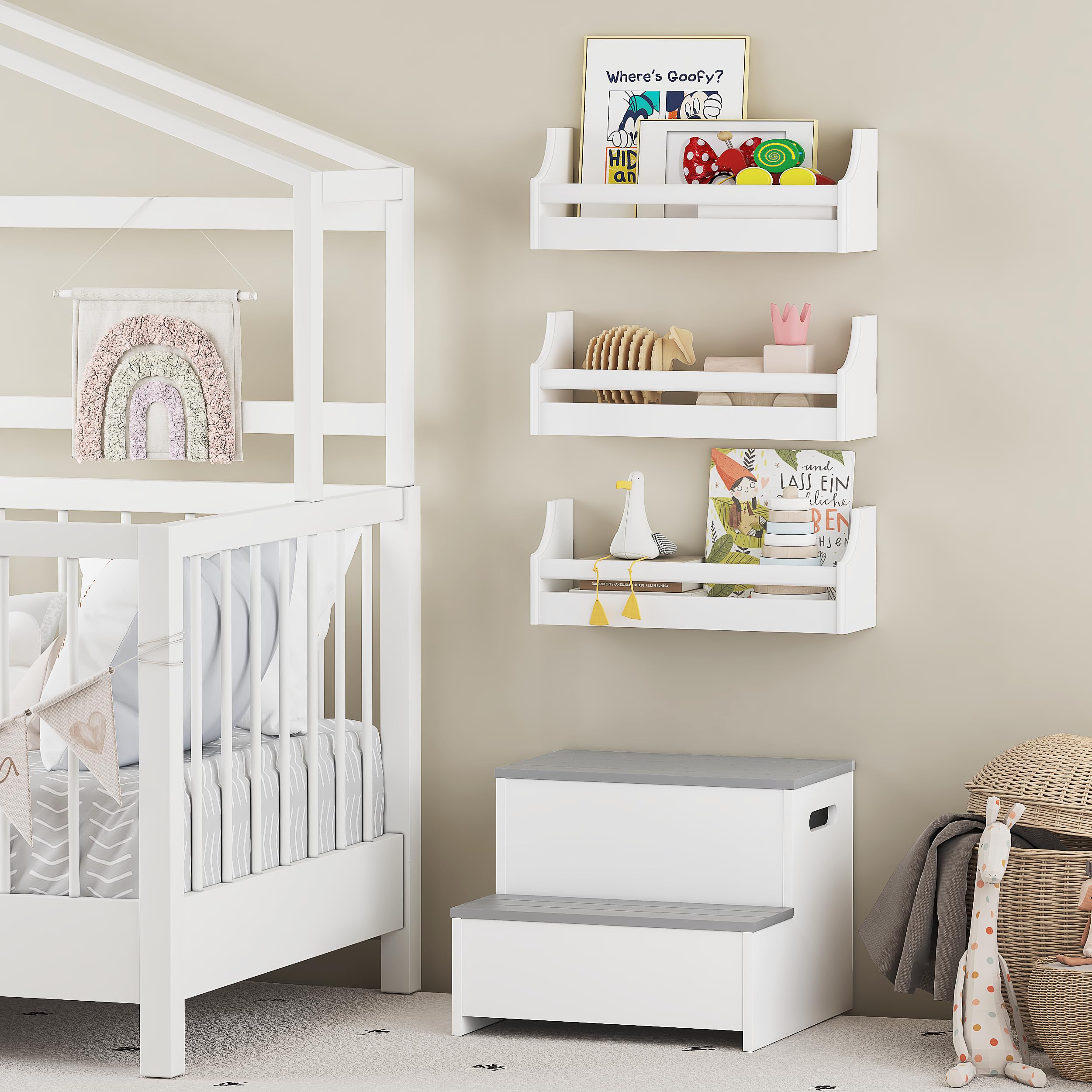 UTEX Floating Nursery Book Shelves Set of 3, Baby Hanging Bookshelves for Wall Decor and Storage, Wall Mounted Book Shelf for Kids Room, Nursery, Playroom, Bedroom, 16.3 Inch, White, SS24-UTX-K065W - Image 3