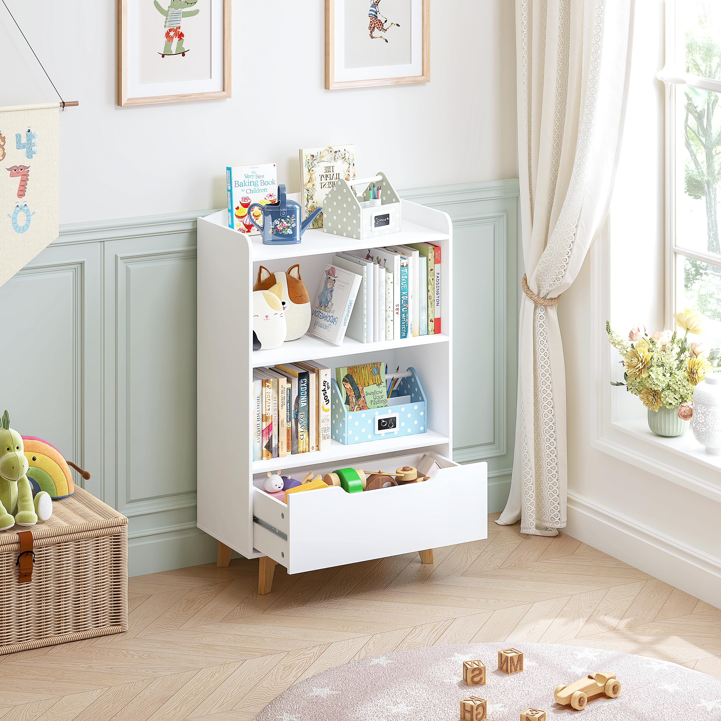 UTEX Kids Bookshelf, Children Bookcases with Storage and Drawer, Wood Kids Toy Storage Organizer for Playroom, Nursery School, White | with Storage, and Drawer, for Playroom, Nursery School - Image 3