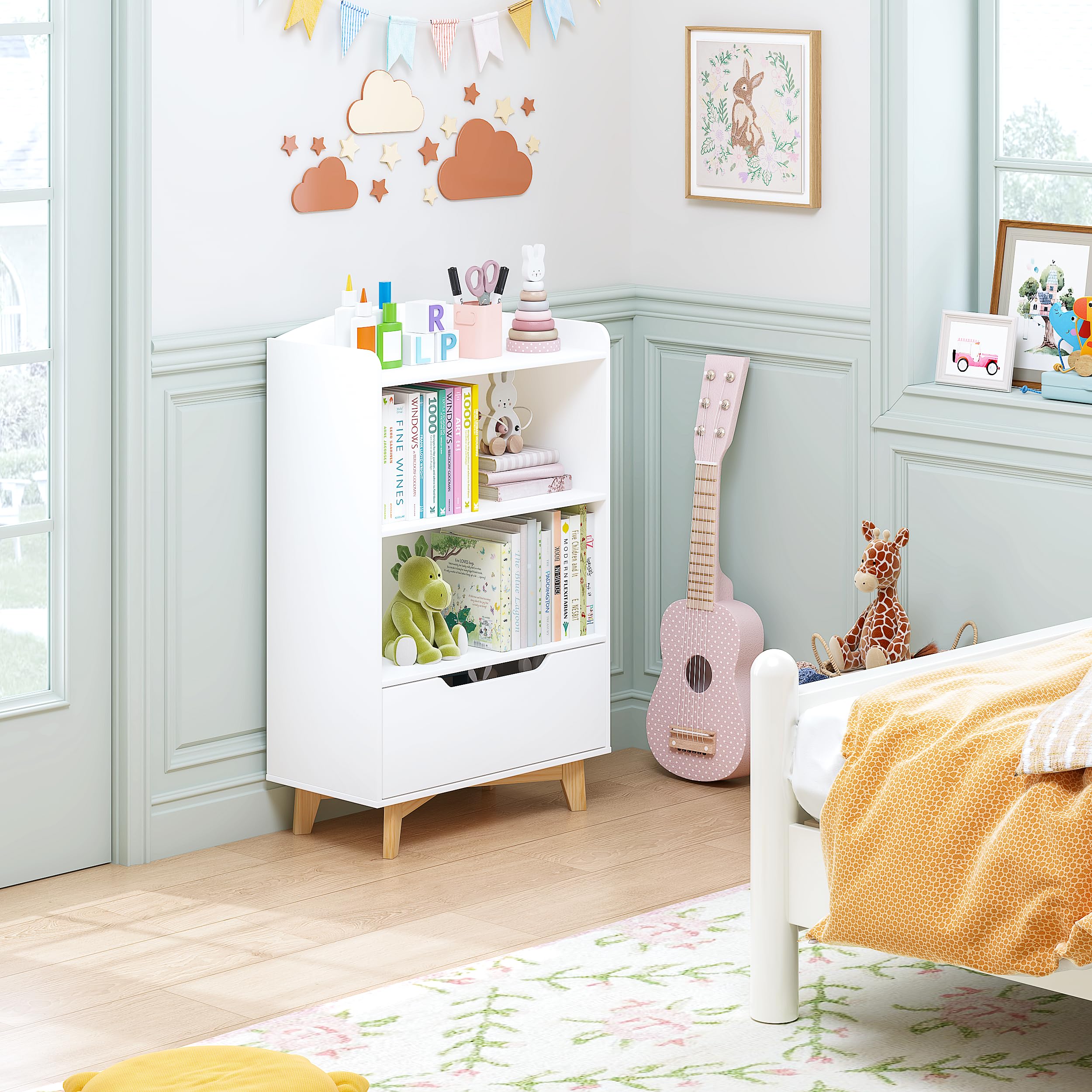 UTEX Kids Bookshelf, Children Bookcases with Storage and Drawer, Wood Kids Toy Storage Organizer for Playroom, Nursery School, White | with Storage, and Drawer, for Playroom, Nursery School - Image 5