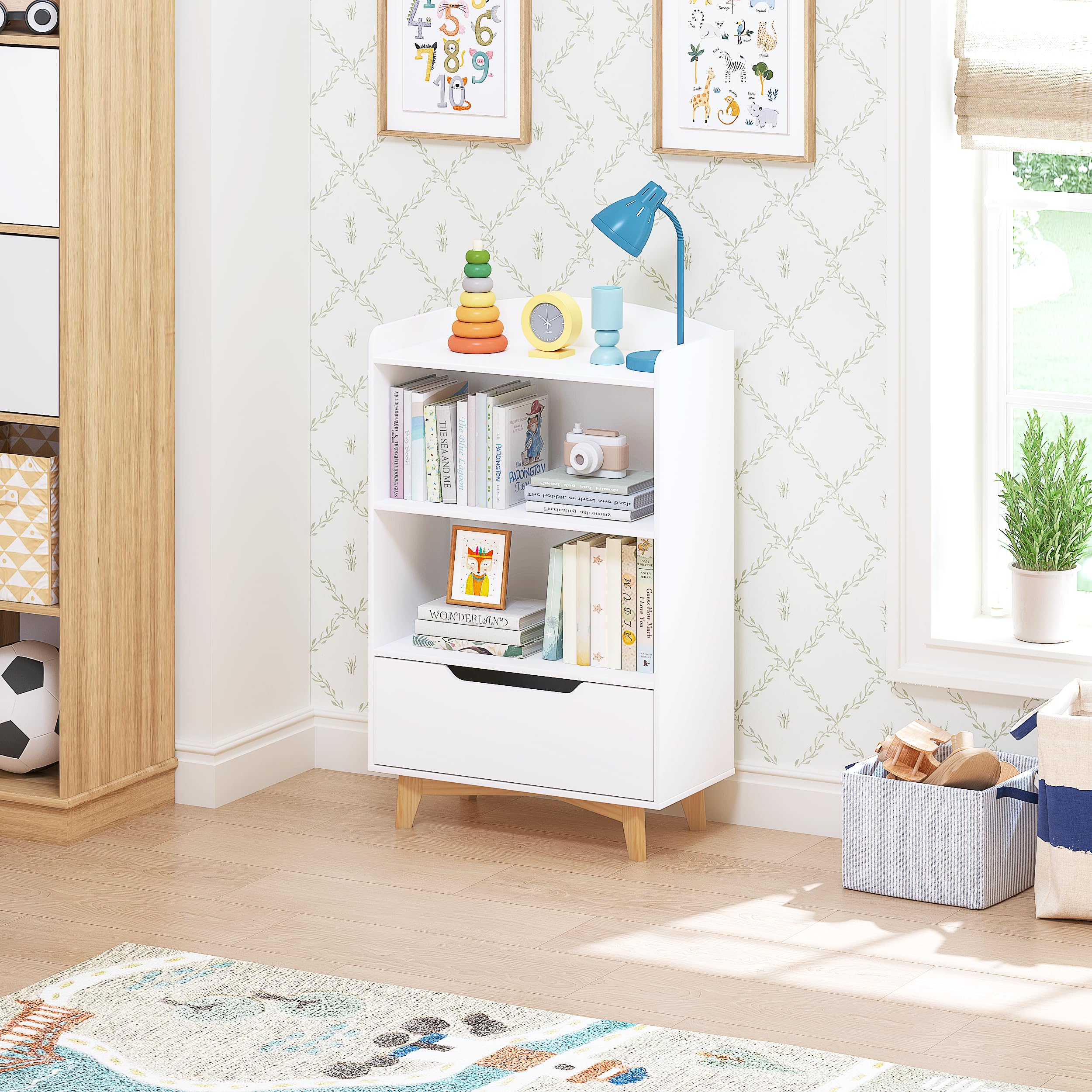 UTEX Kids Bookshelf, Children Bookcases with Storage and Drawer, Wood Kids Toy Storage Organizer for Playroom, Nursery School, White | with Storage, and Drawer, for Playroom, Nursery School - Image 6