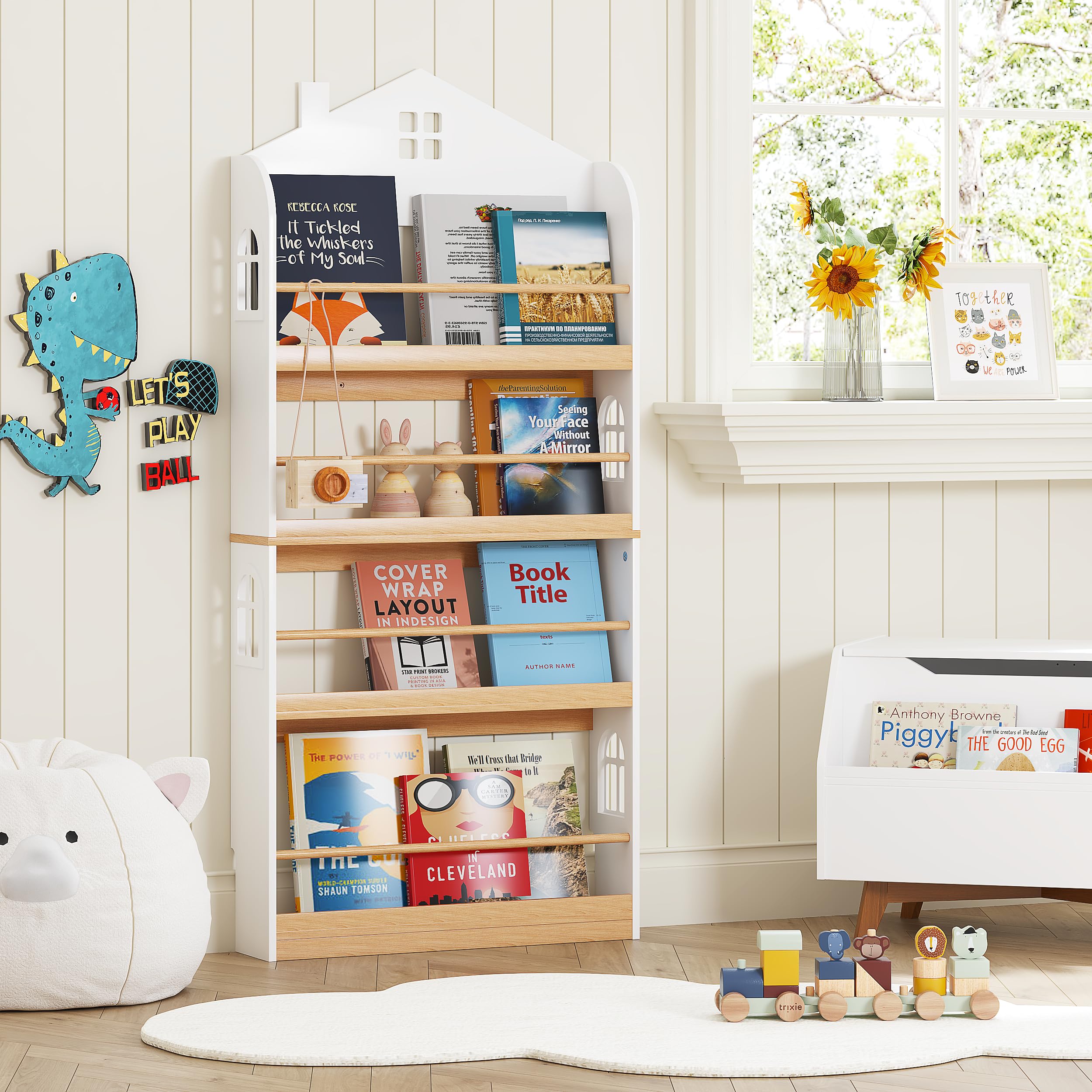 UTEX Kids Bookshelf Wall Mounted, 4-Tier Book Shelf Organizer, Tall Wooden Children's Bookcase, Storage Book Rack for Kids Room, Nursery, Bedroom, Living Room, White - Image 6