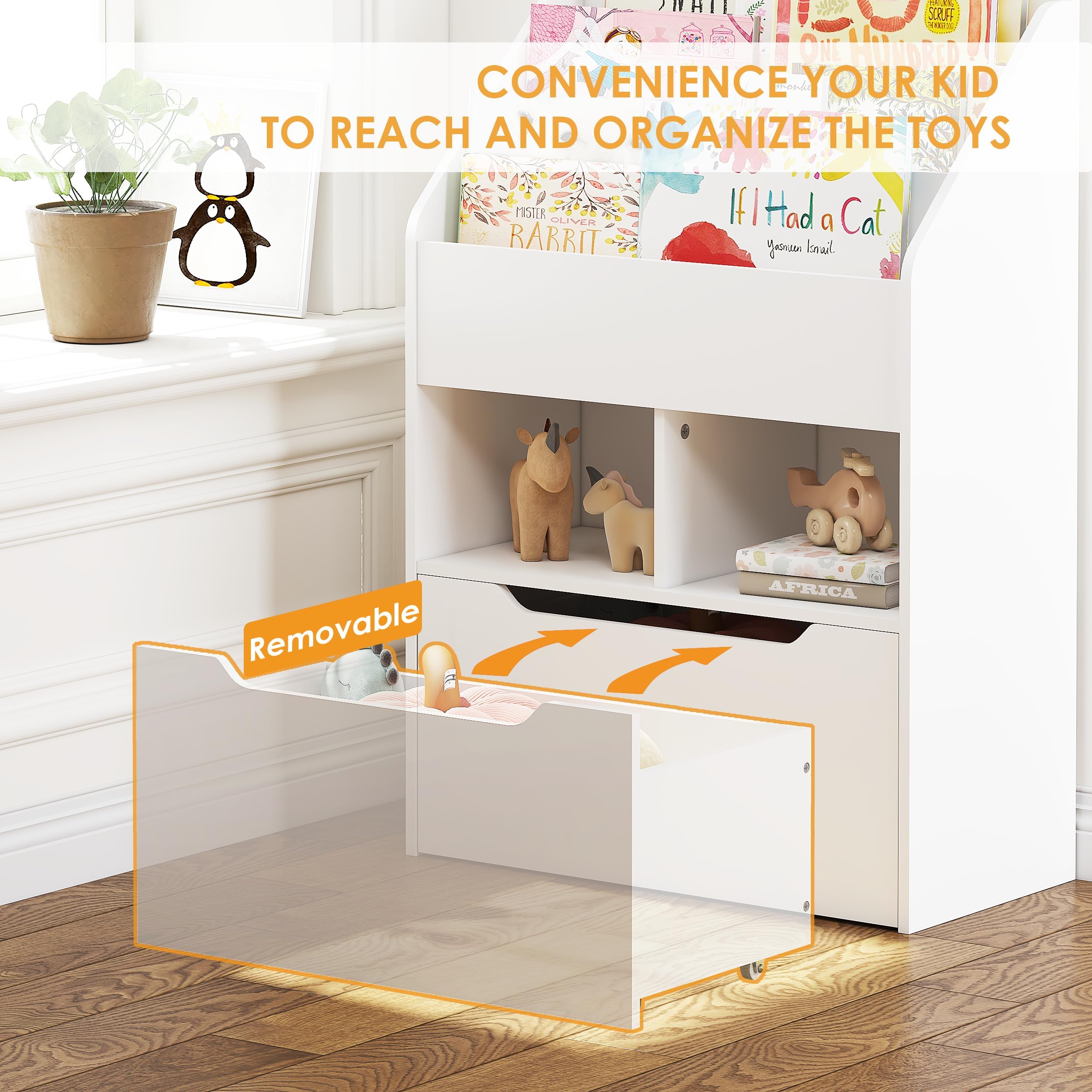 UTEX Kids Bookshelf with Movable Toy Box, Toddler Book Shelf and Toy Storage, Children Book Display Rack Toy Chest Combo for Kids Room & Nursery, White - Image 4