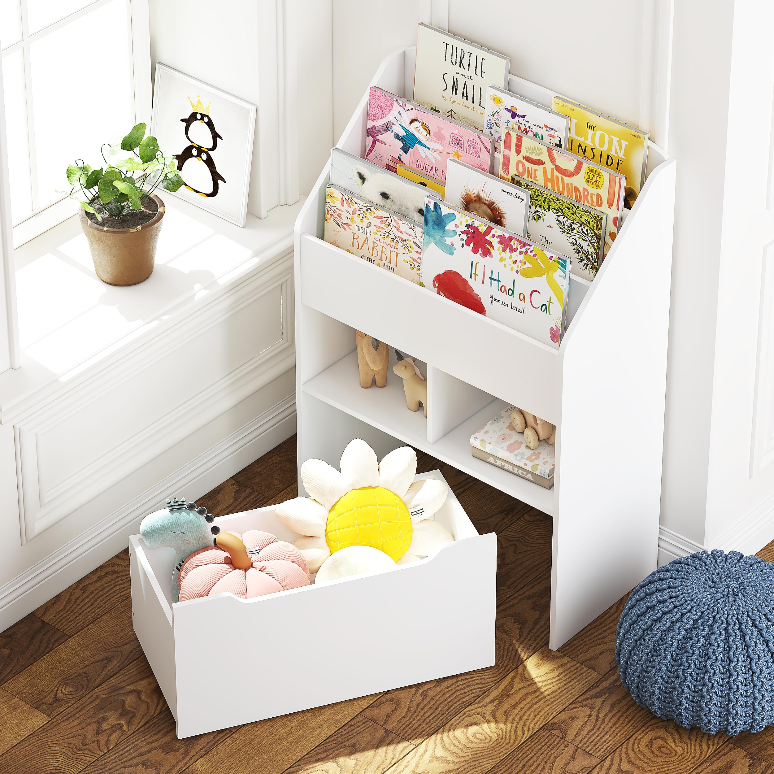 UTEX Kids Bookshelf with Movable Toy Box, Toddler Book Shelf and Toy Storage, Children Book Display Rack Toy Chest Combo for Kids Room & Nursery, White - Image 6