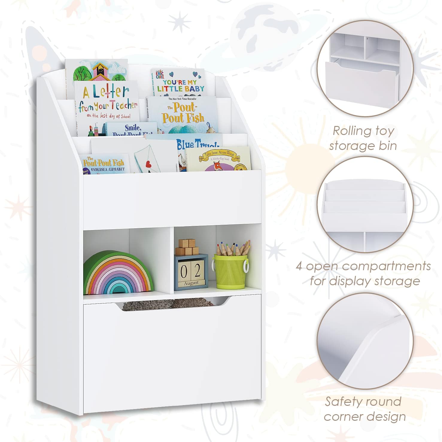 UTEX Kids Bookshelf with Movable Toy Box, Toddler Book Shelf and Toy Storage, Children Book Display Rack Toy Chest Combo for Kids Room & Nursery, White - Image 7