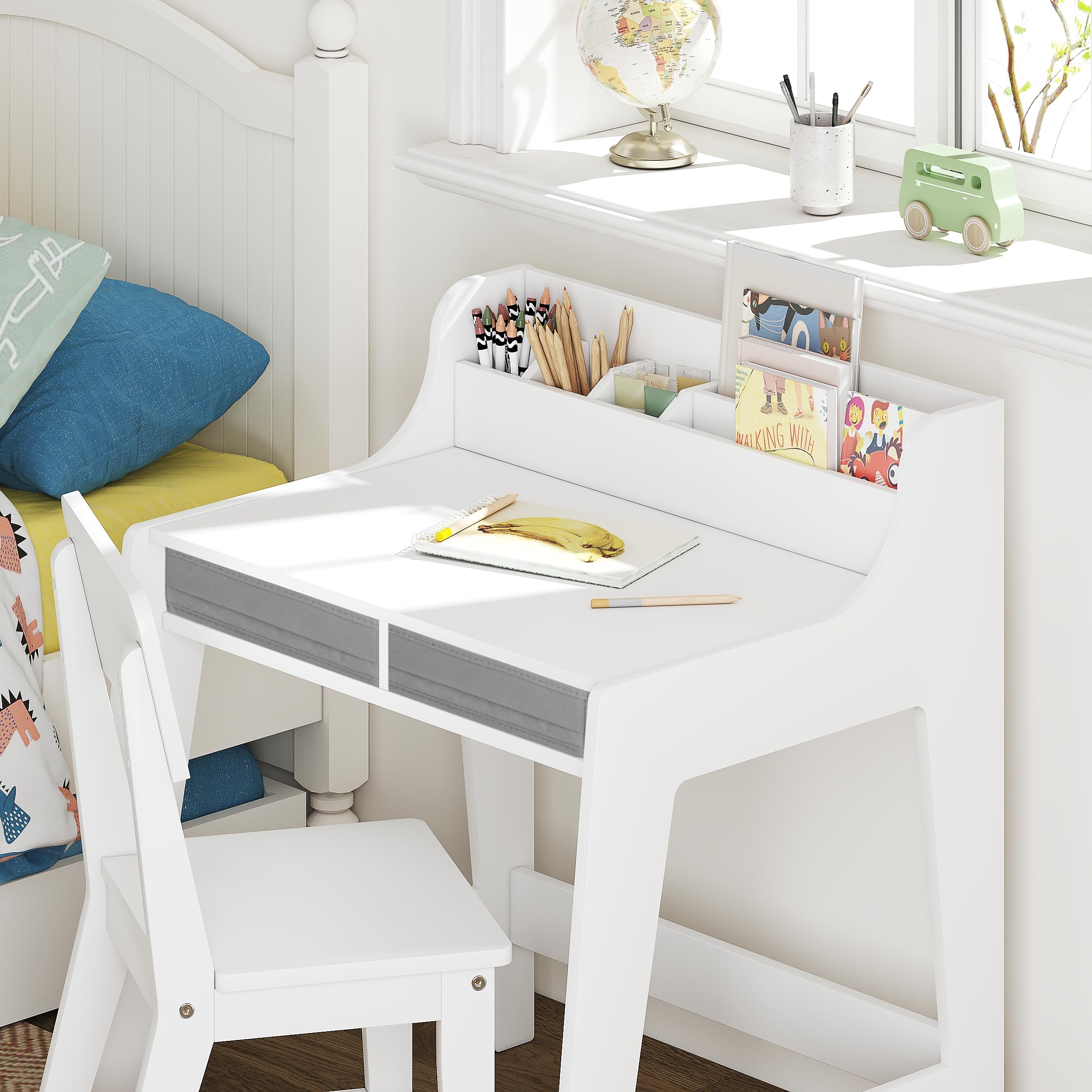 UTEX Kids Desk and Chair Set, Study Desk for Kids with Storage Bins, Wooden Children Study Table, Student Writing Desk for Bedroom & Study Room (2 Fabric Drawers) - Image 5