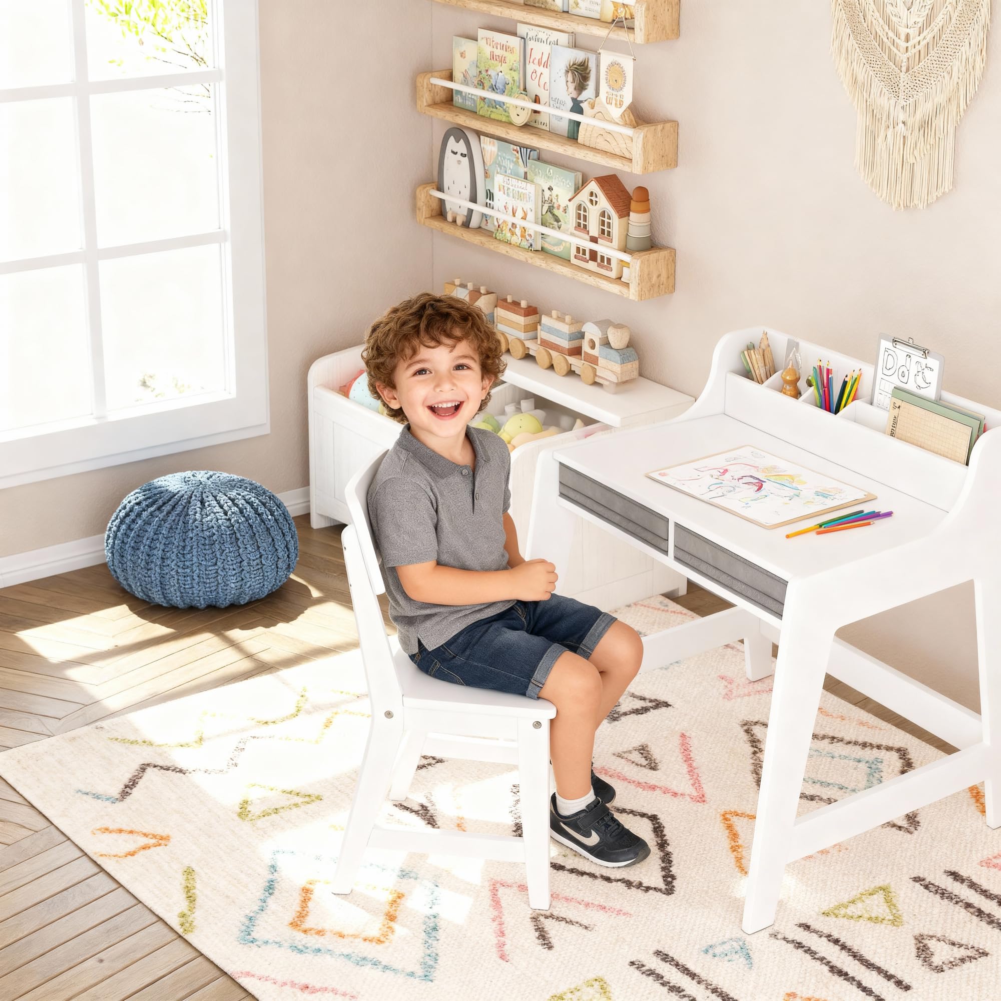 UTEX Kids Desk and Chair Set, Study Desk for Kids with Storage Bins, Wooden Children Study Table, Student Writing Desk for Bedroom & Study Room (2 Fabric Drawers) - Image 8