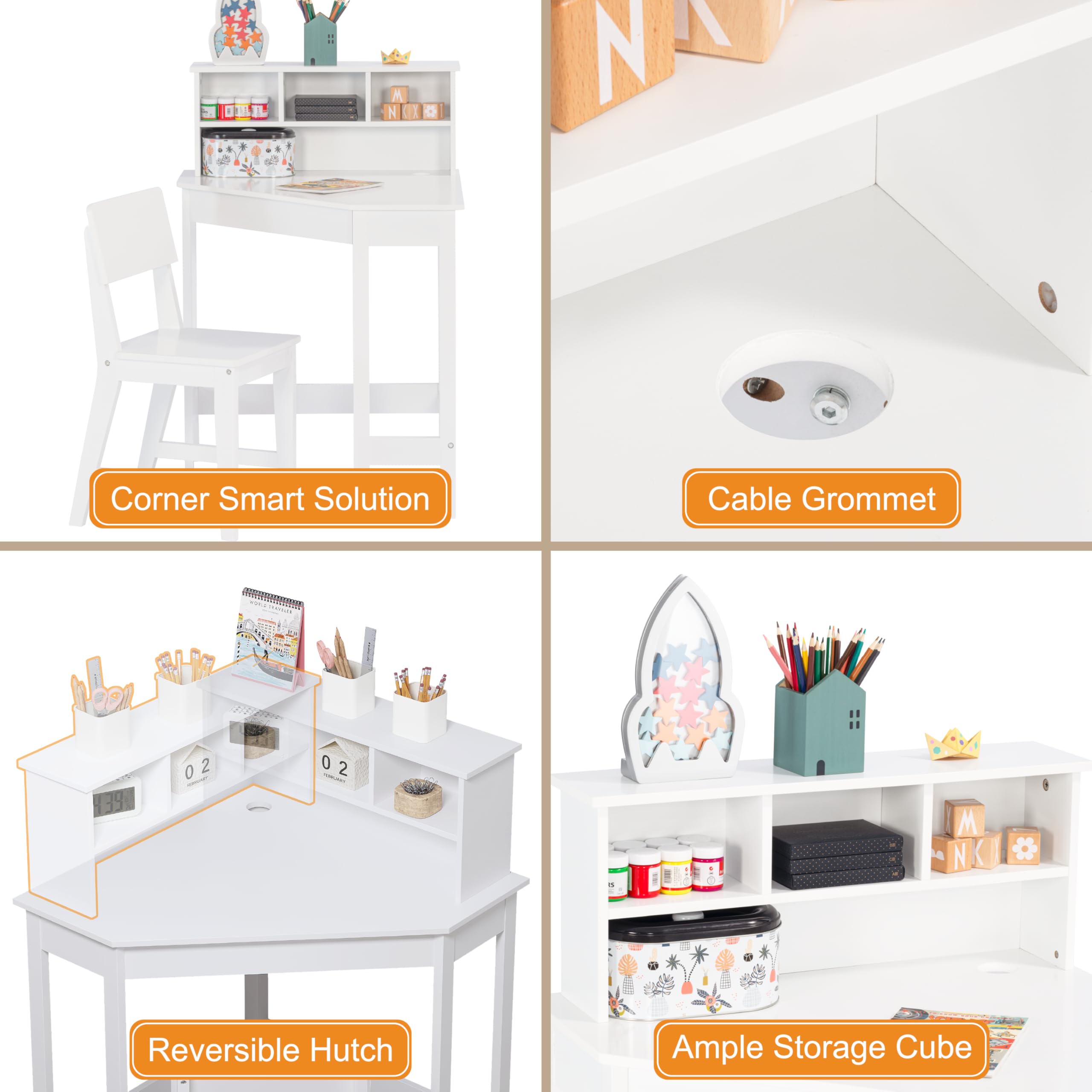 UTEX Kids Desk, Kids Corner Desk and Chair Set, Children Study Table with Storage and Hutch for Home School Use, White - Image 3