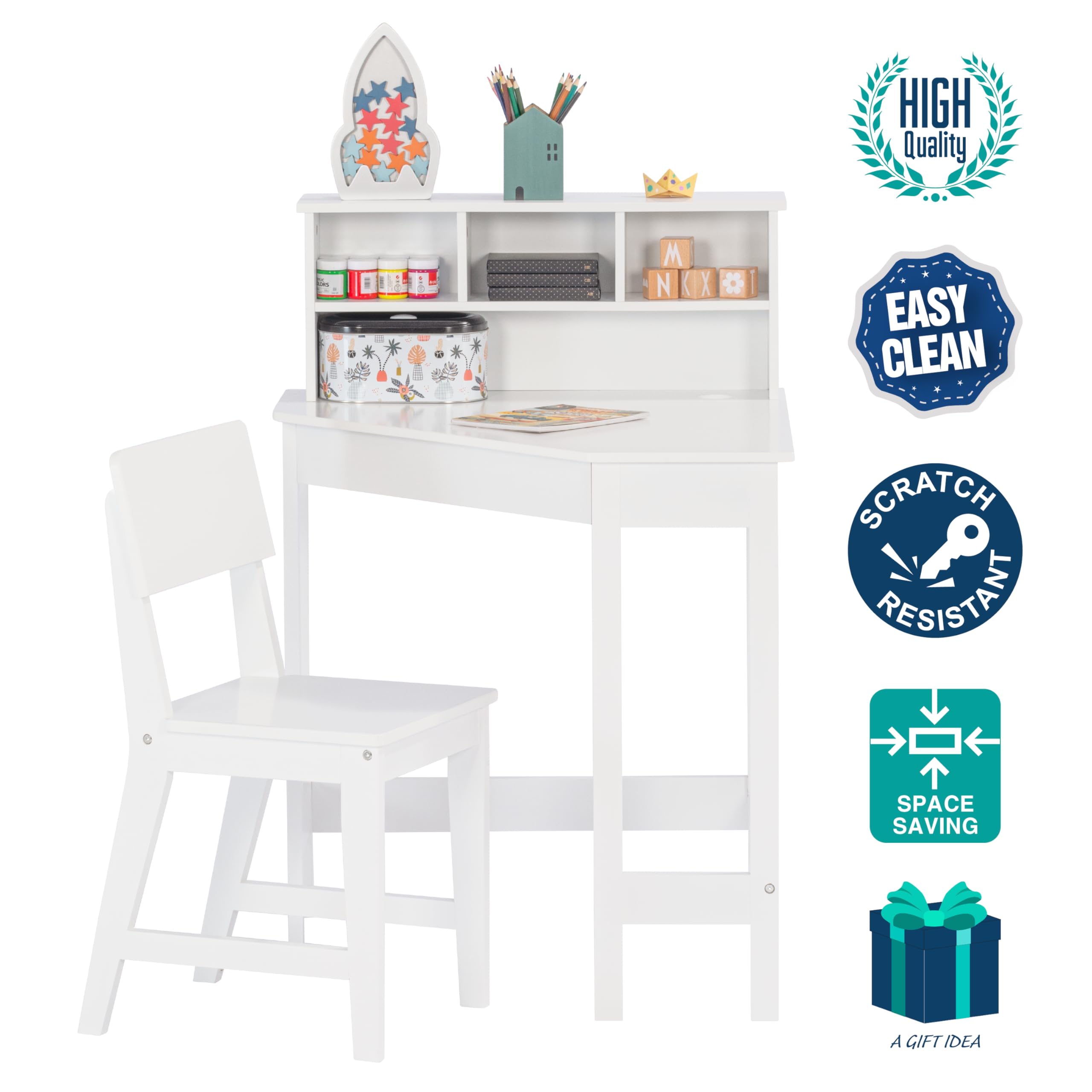 UTEX Kids Desk, Kids Corner Desk and Chair Set, Children Study Table with Storage and Hutch for Home School Use, White - Image 4