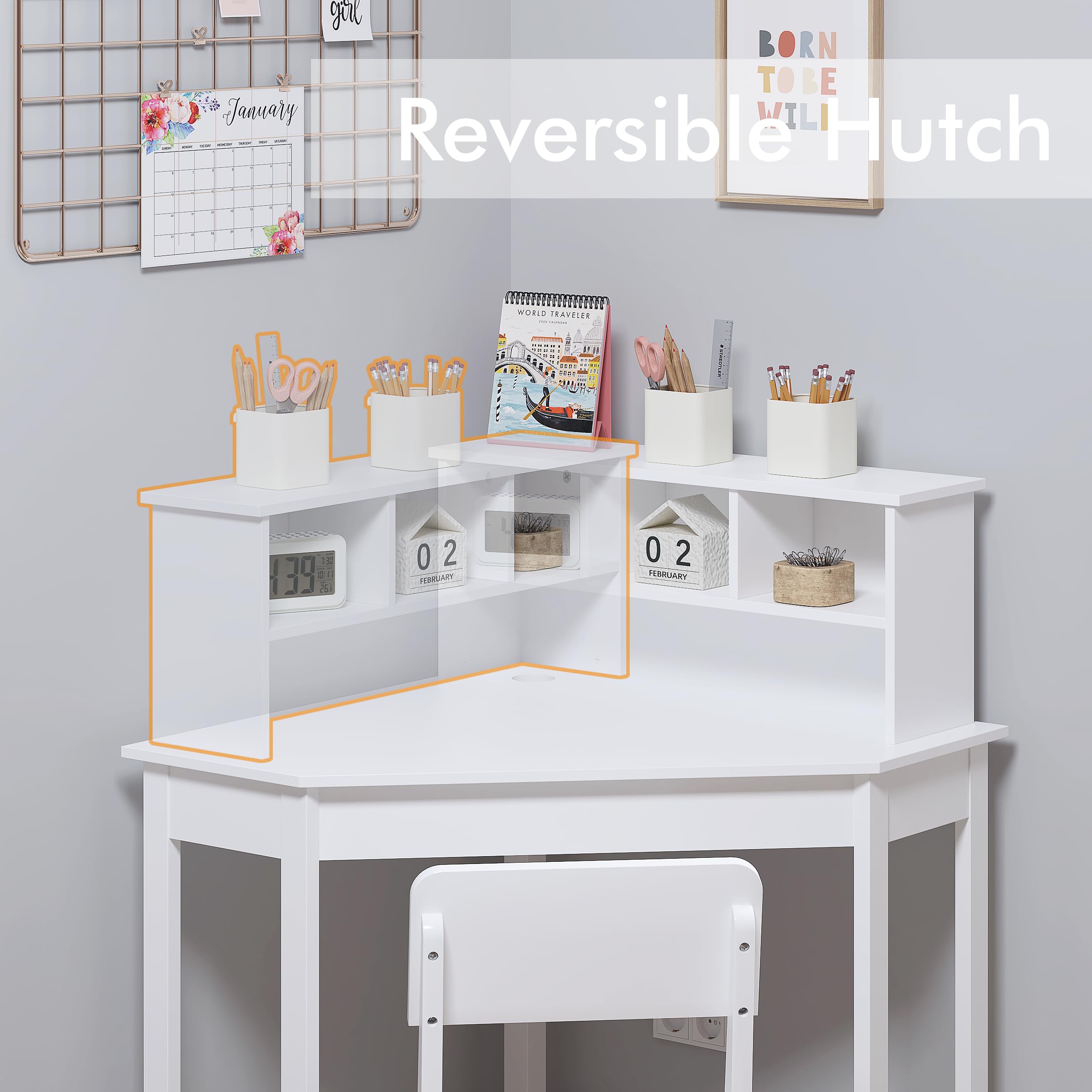 UTEX Kids Desk, Kids Corner Desk and Chair Set, Children Study Table with Storage and Hutch for Home School Use, White - Image 5