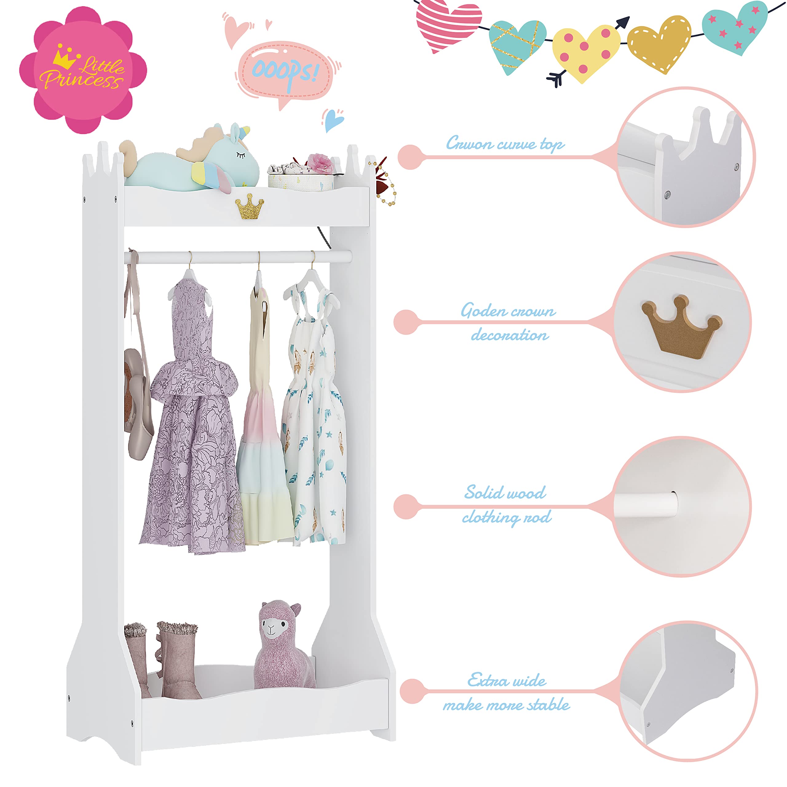 UTEX Kids Dress Up Storage, Kids' Costume Organizer Center, Open Hanging Armoire Closet, Kids Armoire with Rack for Toddler 3 Age+, White - Image 3