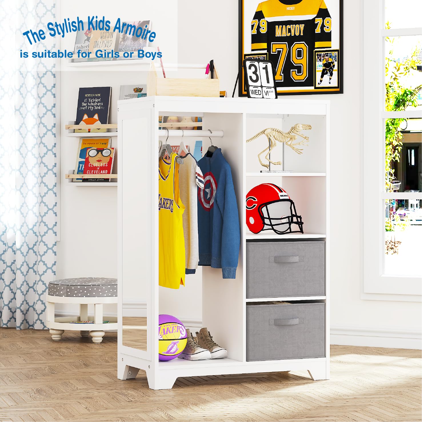UTEX Kids Dress Up Storage with Full Length Mirror, Kids Armoire with 2 Storage Bins, Opening Hanging Costume Closet Wardrobe, Pretend Storage Closet Armoire Dresser - Image 4