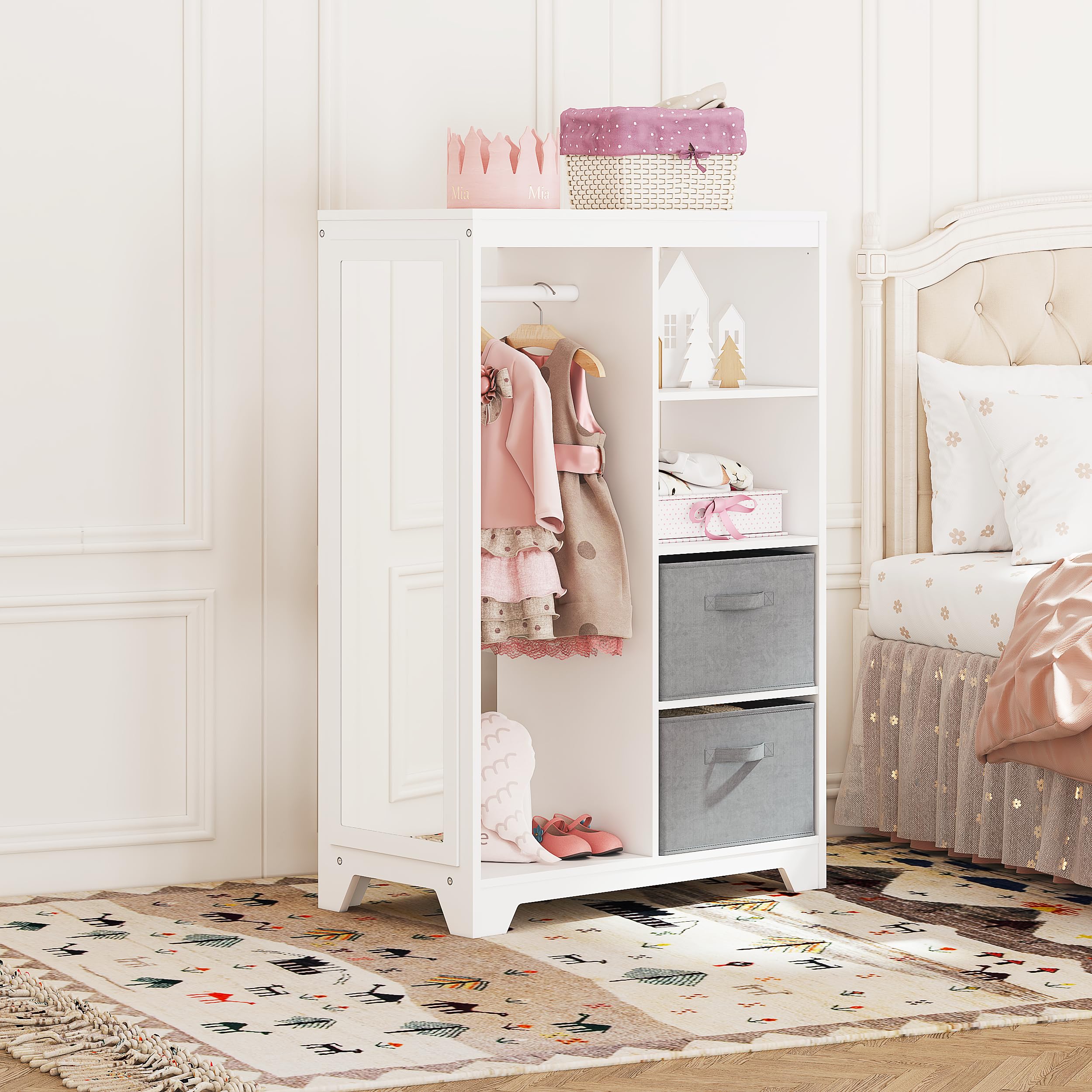 UTEX Kids Dress Up Storage with Full Length Mirror, Kids Armoire with 2 Storage Bins, Opening Hanging Costume Closet Wardrobe, Pretend Storage Closet Armoire Dresser - Image 5