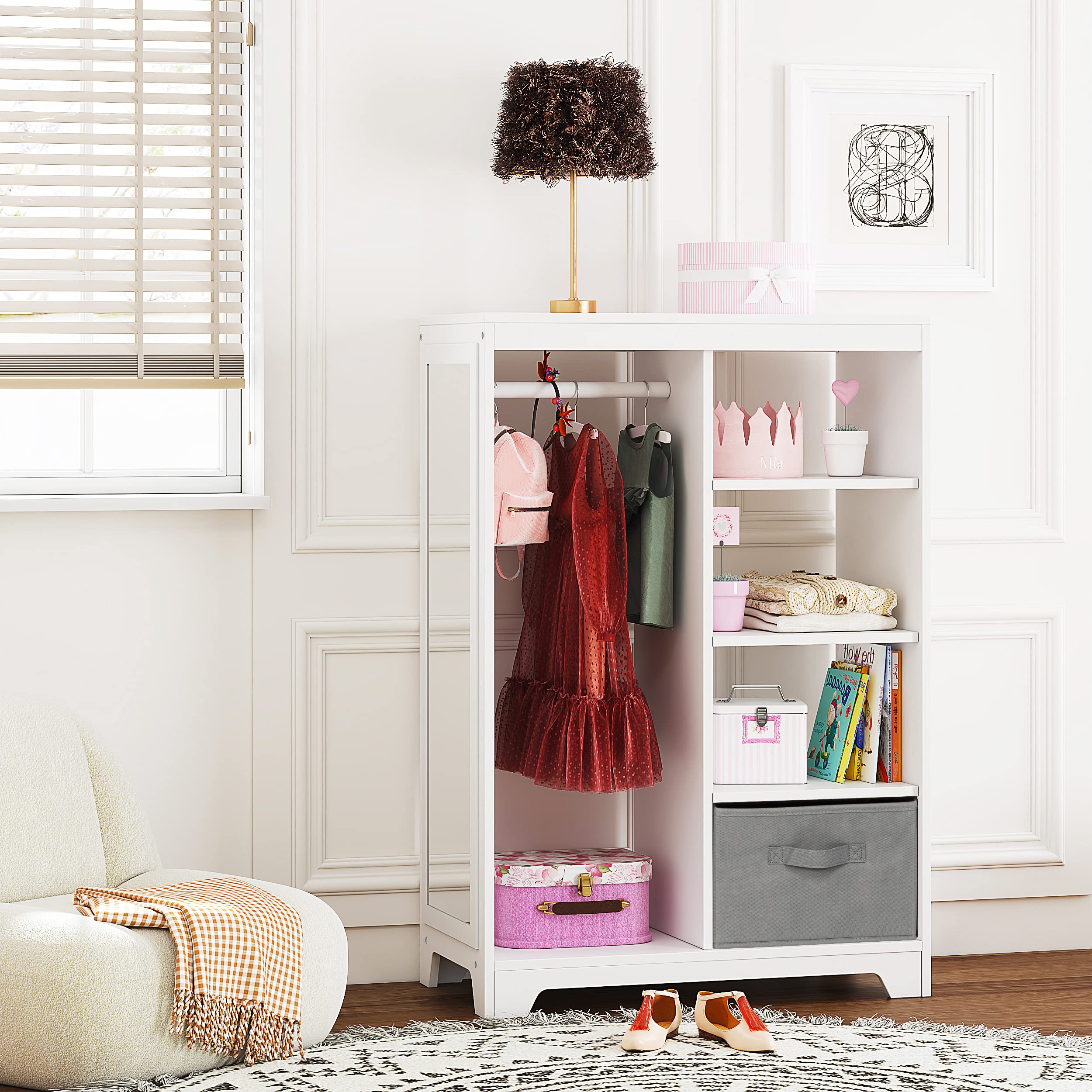 UTEX Kids Dress Up Storage with Full Length Mirror, Kids Armoire with 2 Storage Bins, Opening Hanging Costume Closet Wardrobe, Pretend Storage Closet Armoire Dresser - Image 7