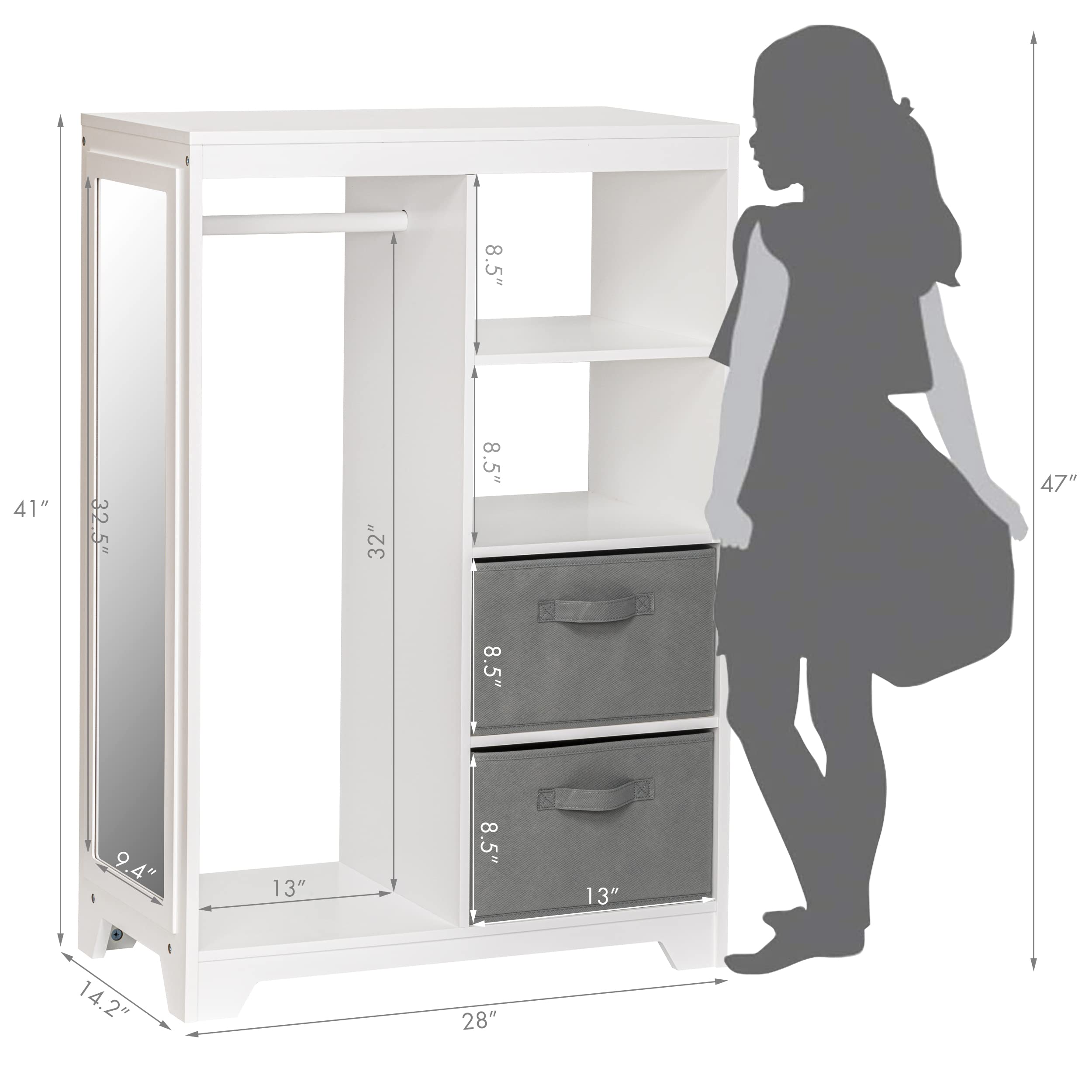 UTEX Kids Dress Up Storage with Full Length Mirror, Kids Armoire with 2 Storage Bins, Opening Hanging Costume Closet Wardrobe, Pretend Storage Closet Armoire Dresser - Image 8