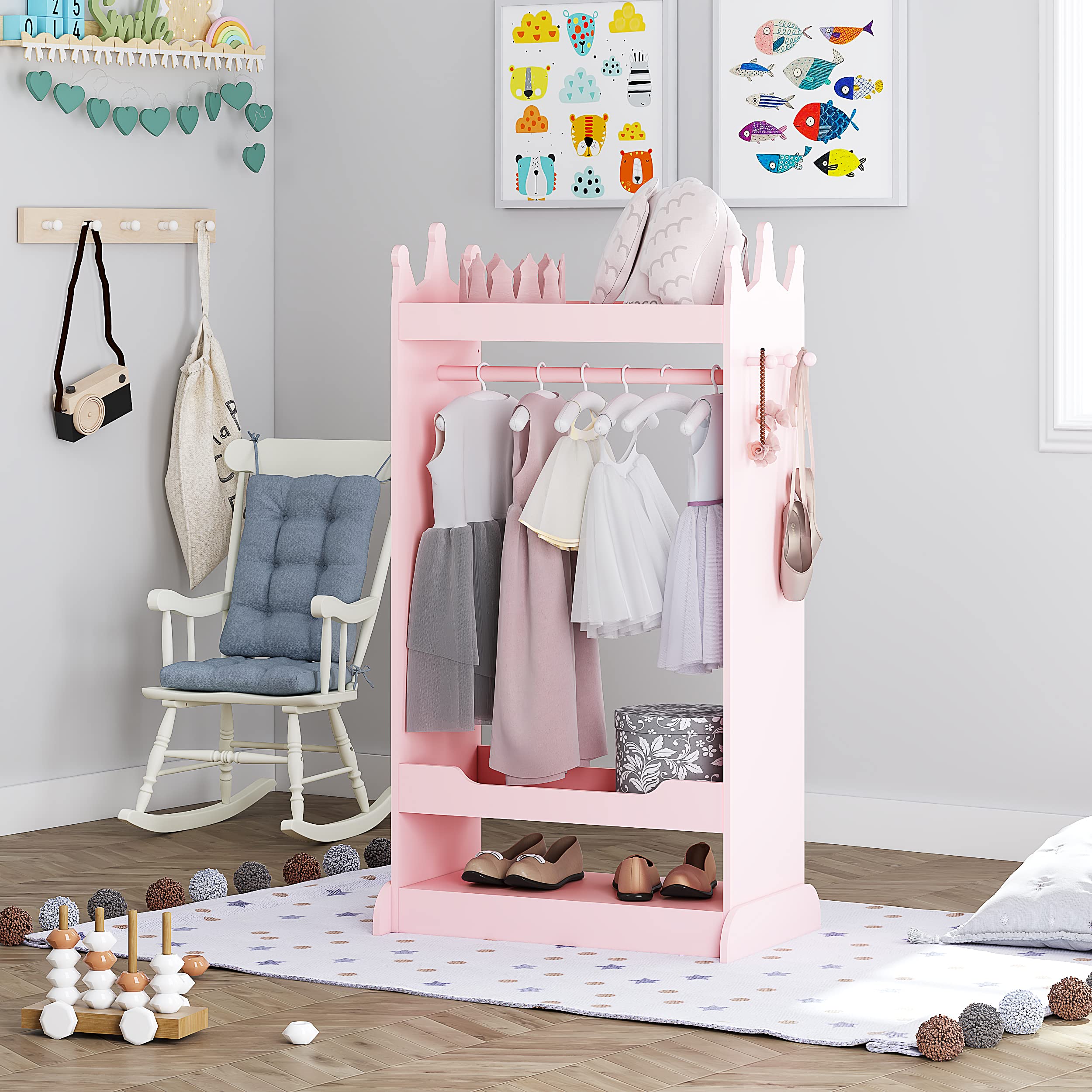 UTEX Kids Dress up Storage with Mirror,Costume Wardrobe for Kids, Open Hanging Armoire Closet,Pretend Storage Closet, Costume Storage Dresser (Pink) - Image 3