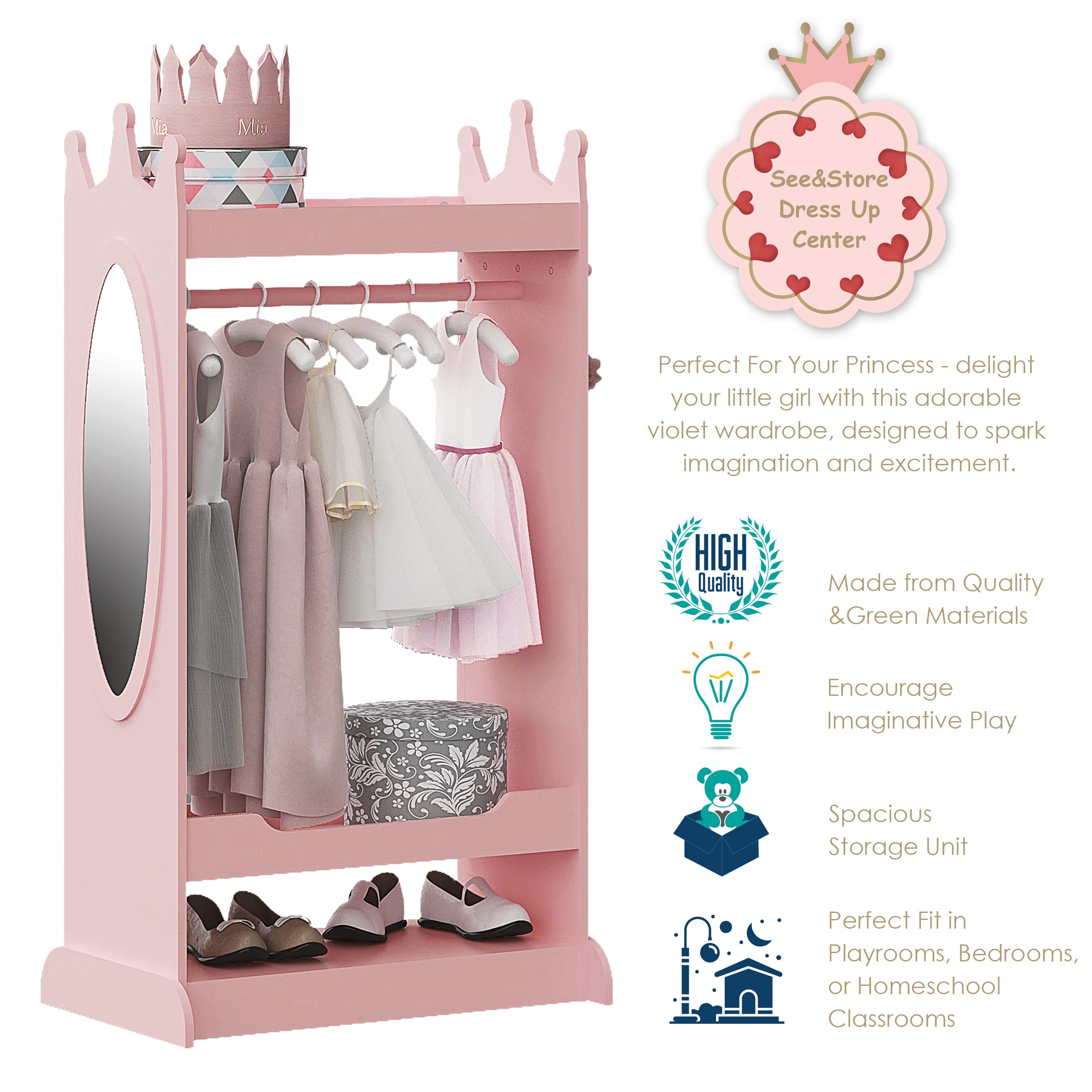 UTEX Kids Dress up Storage with Mirror,Costume Wardrobe for Kids, Open Hanging Armoire Closet,Pretend Storage Closet, Costume Storage Dresser (Pink) - Image 4