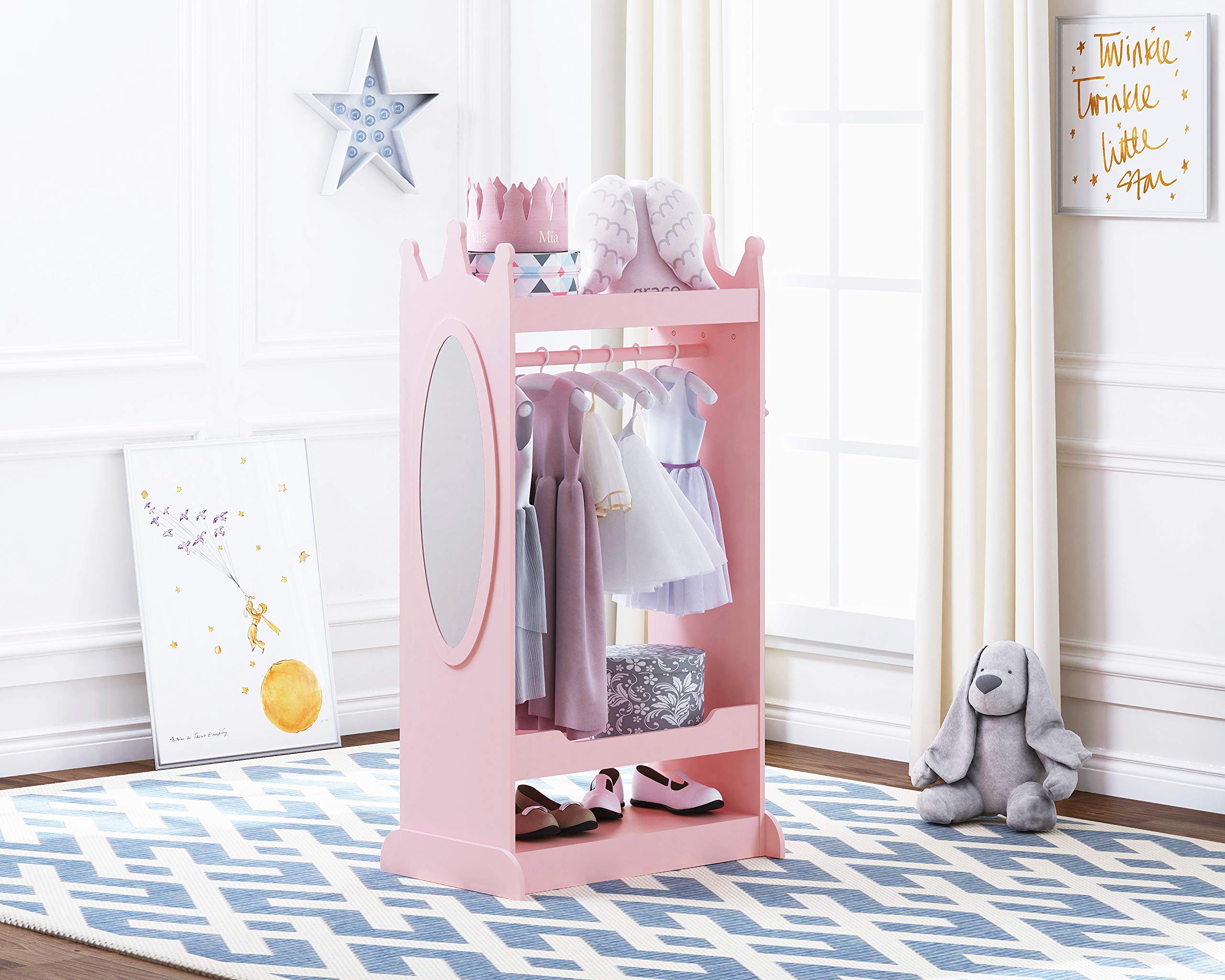 UTEX Kids Dress up Storage with Mirror,Costume Wardrobe for Kids, Open Hanging Armoire Closet,Pretend Storage Closet, Costume Storage Dresser (Pink) - Image 6