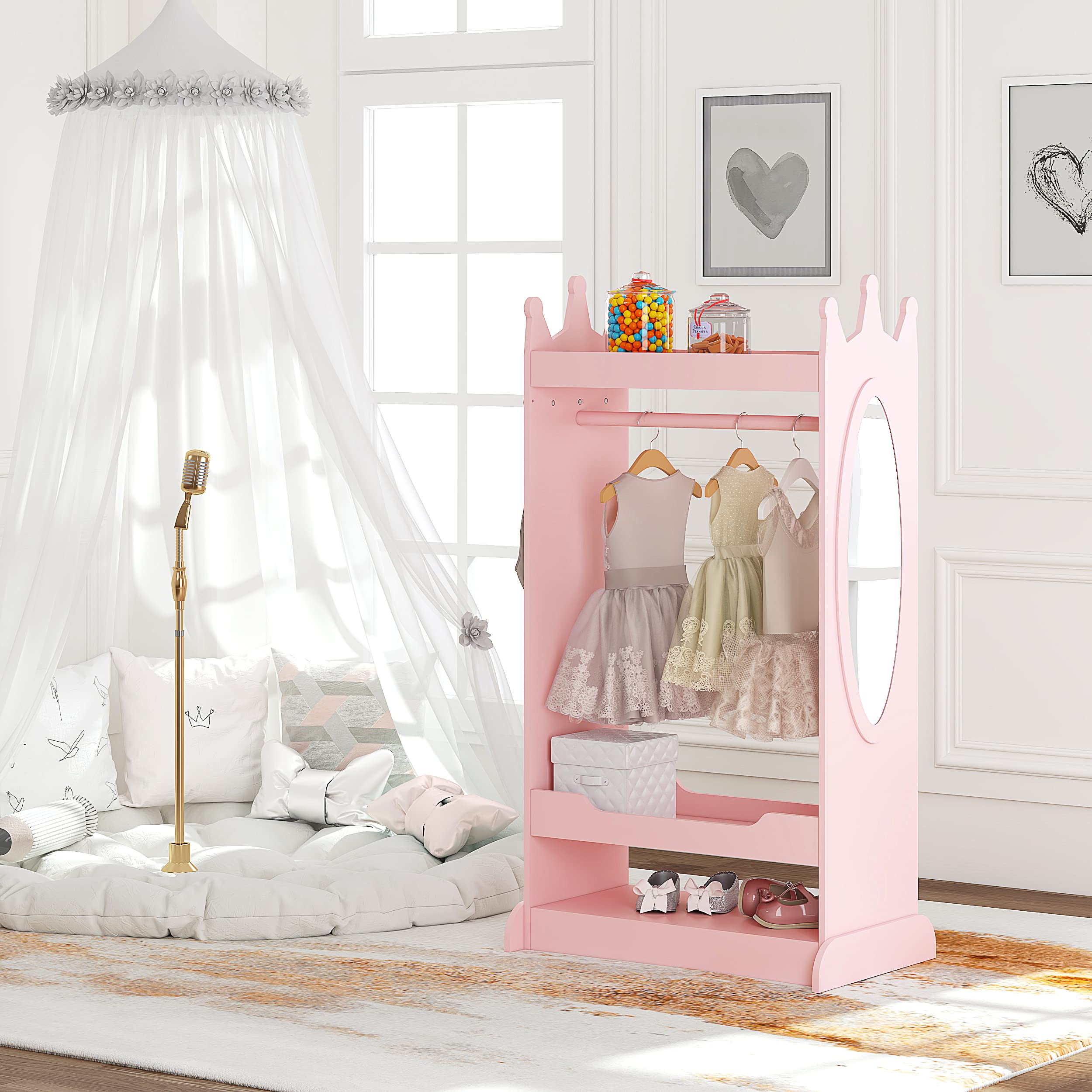 UTEX Kids Dress up Storage with Mirror,Costume Wardrobe for Kids, Open Hanging Armoire Closet,Pretend Storage Closet, Costume Storage Dresser (Pink) - Image 7