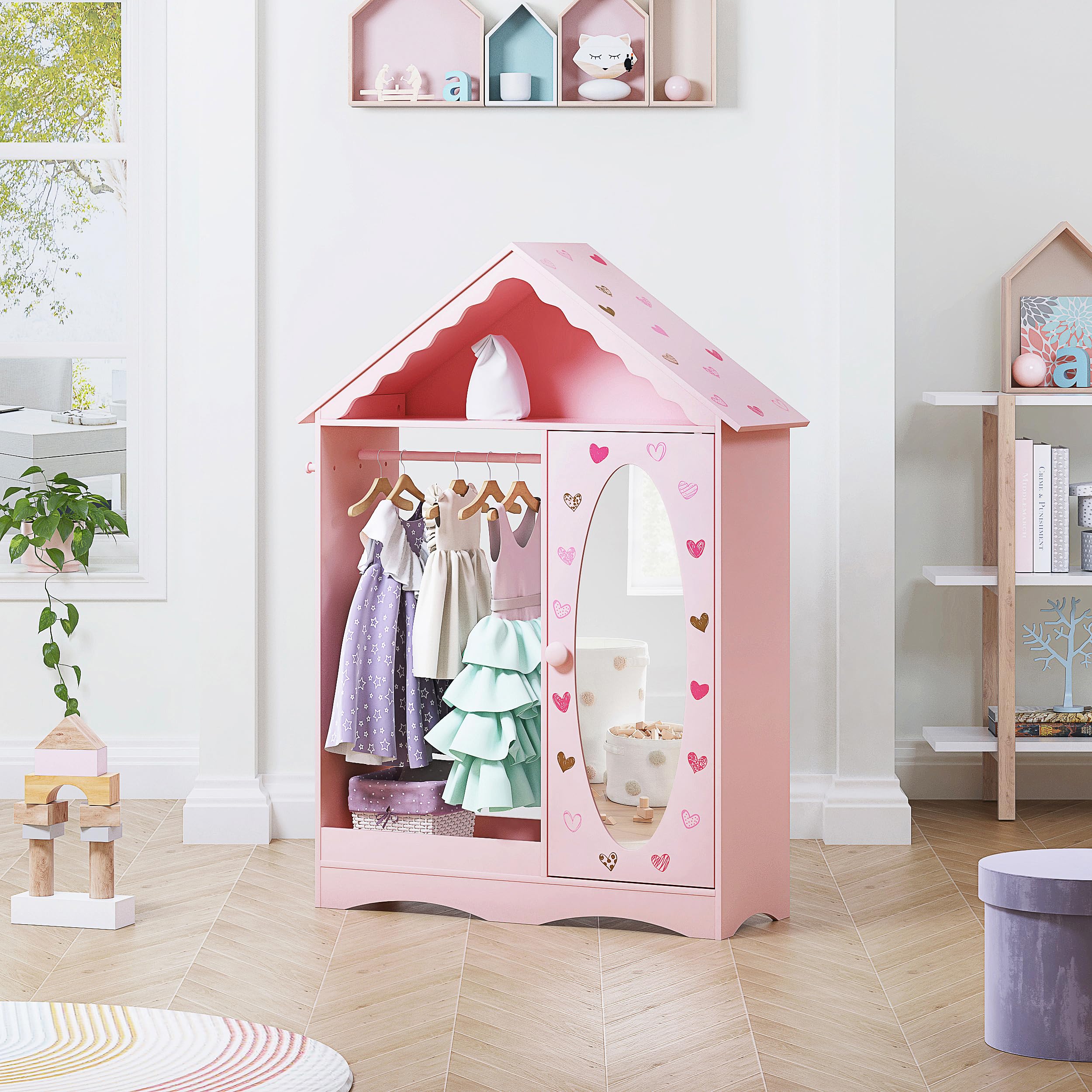 UTEX Kids Dress Up Storage with Mirror, Kids Wardrobe Closet, Dress Up Armoire for Little Girls, Open Hanging Costume Organizer with Storage Cabinet for Kids Room, Playroom | with Mirror, for Little Girls, Open Hanging, Costume Organizer, with Storage Cabinet - Image 7