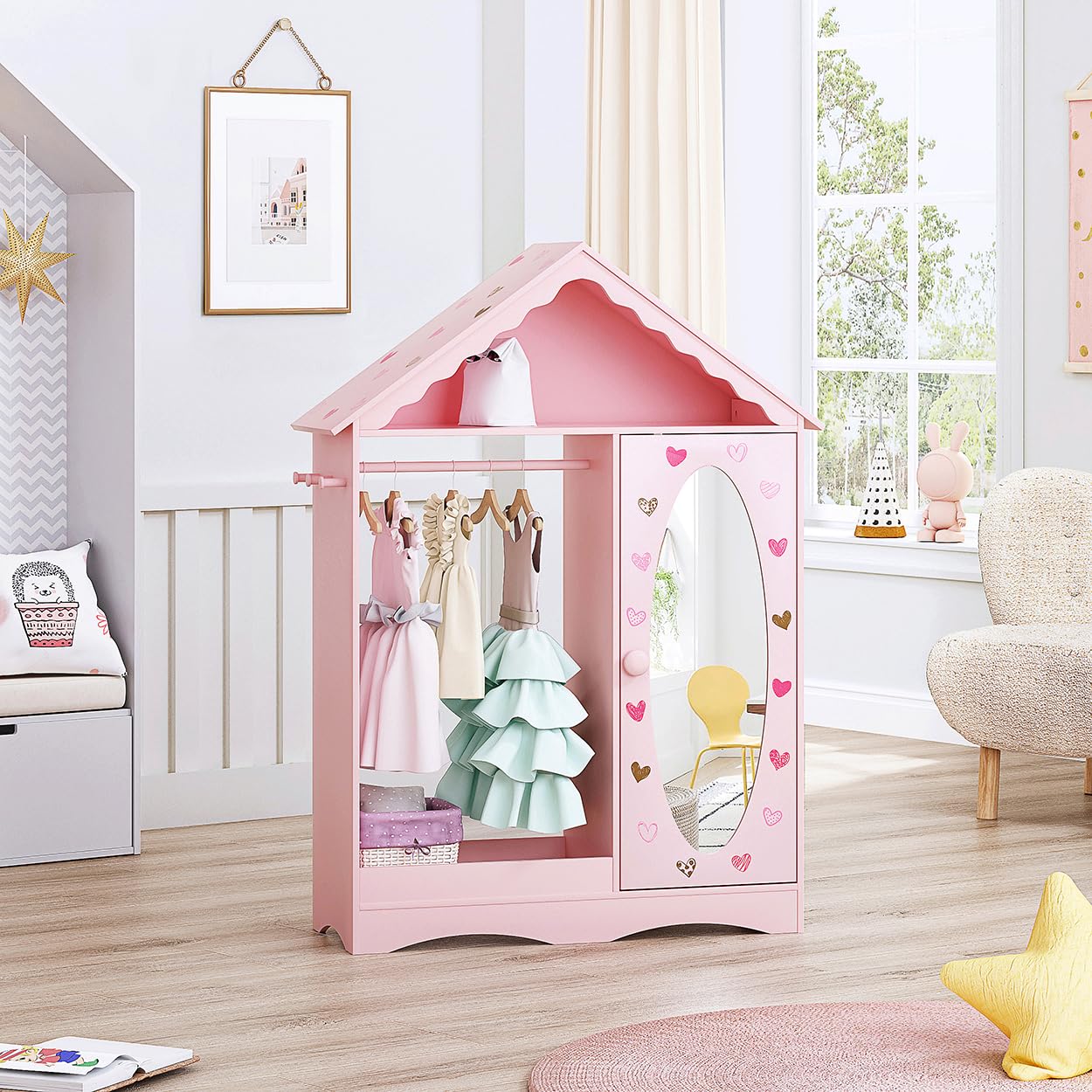 UTEX Kids Dress Up Storage with Mirror, Kids Wardrobe Closet, Dress Up Armoire for Little Girls, Open Hanging Costume Organizer with Storage Cabinet for Kids Room, Playroom | with Mirror, for Little Girls, Open Hanging, Costume Organizer, with Storage Cabinet - Image 8