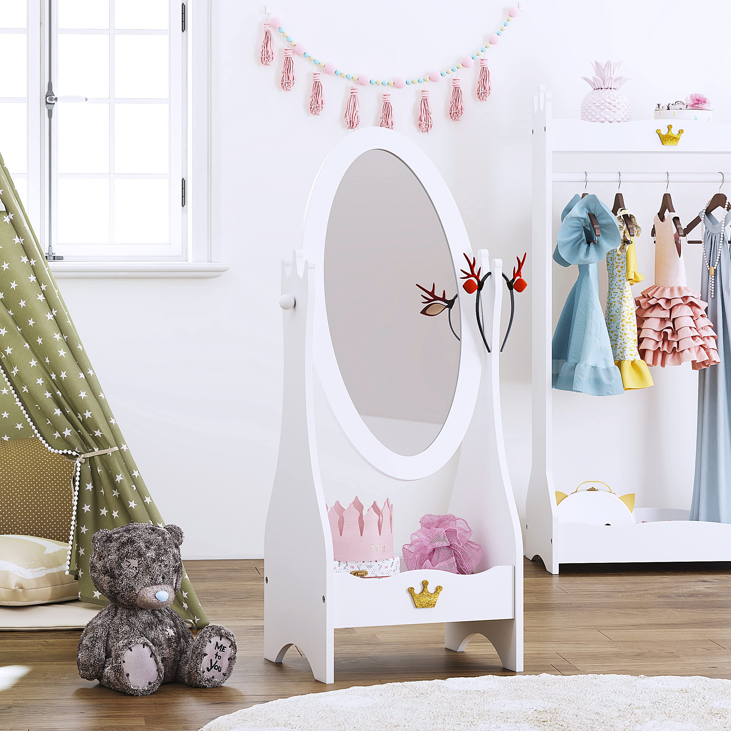 UTEX Kids Full Length Mirror, Kids Free-Standing Dressing Mirror with Adjustable Viewed, Wooden Mirror with Storage for 3-7 Years Old, White - Image 3