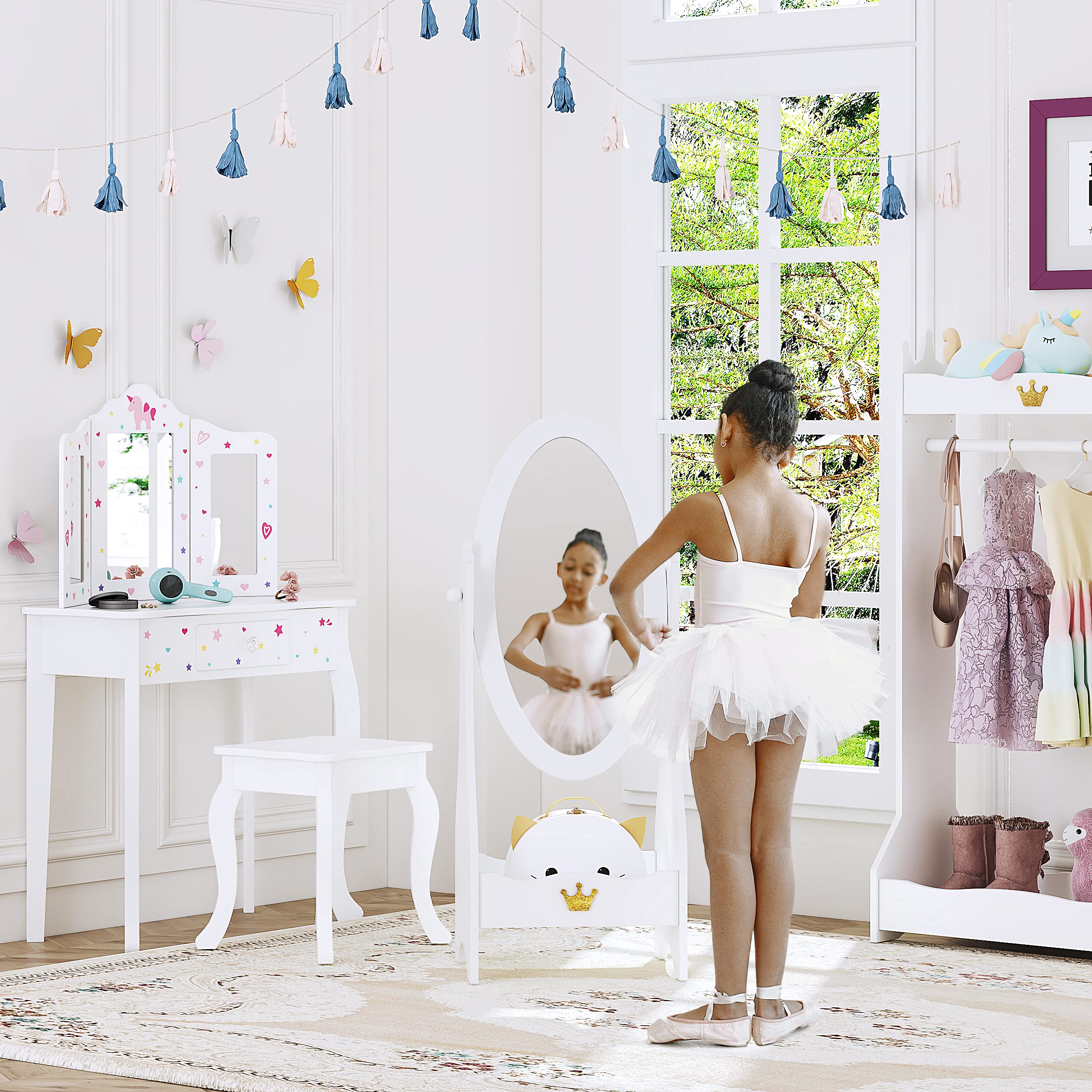 UTEX Kids Full Length Mirror, Kids Free-Standing Dressing Mirror with Adjustable Viewed, Wooden Mirror with Storage for 3-7 Years Old, White - Image 5