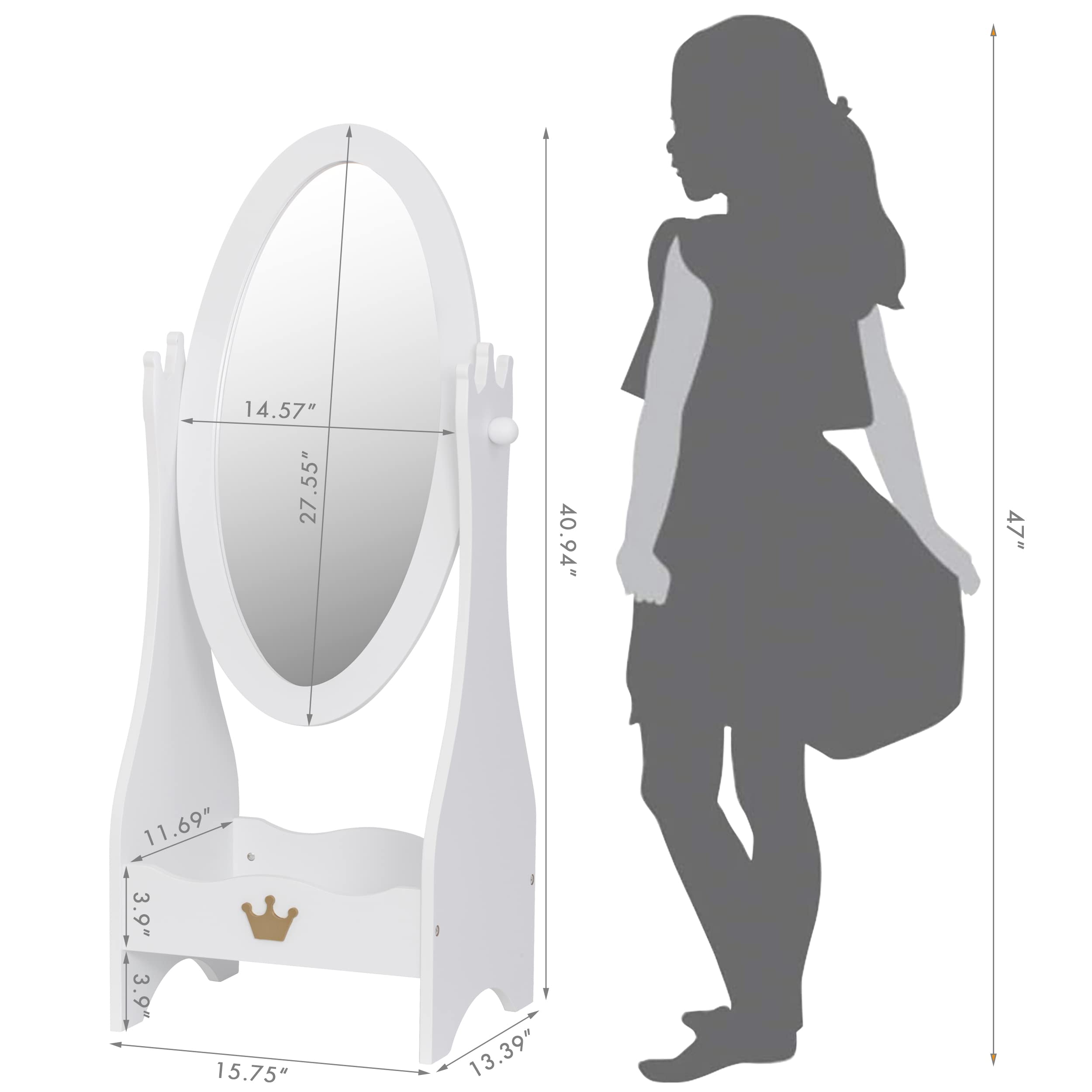 UTEX Kids Full Length Mirror, Kids Free-Standing Dressing Mirror with Adjustable Viewed, Wooden Mirror with Storage for 3-7 Years Old, White - Image 7