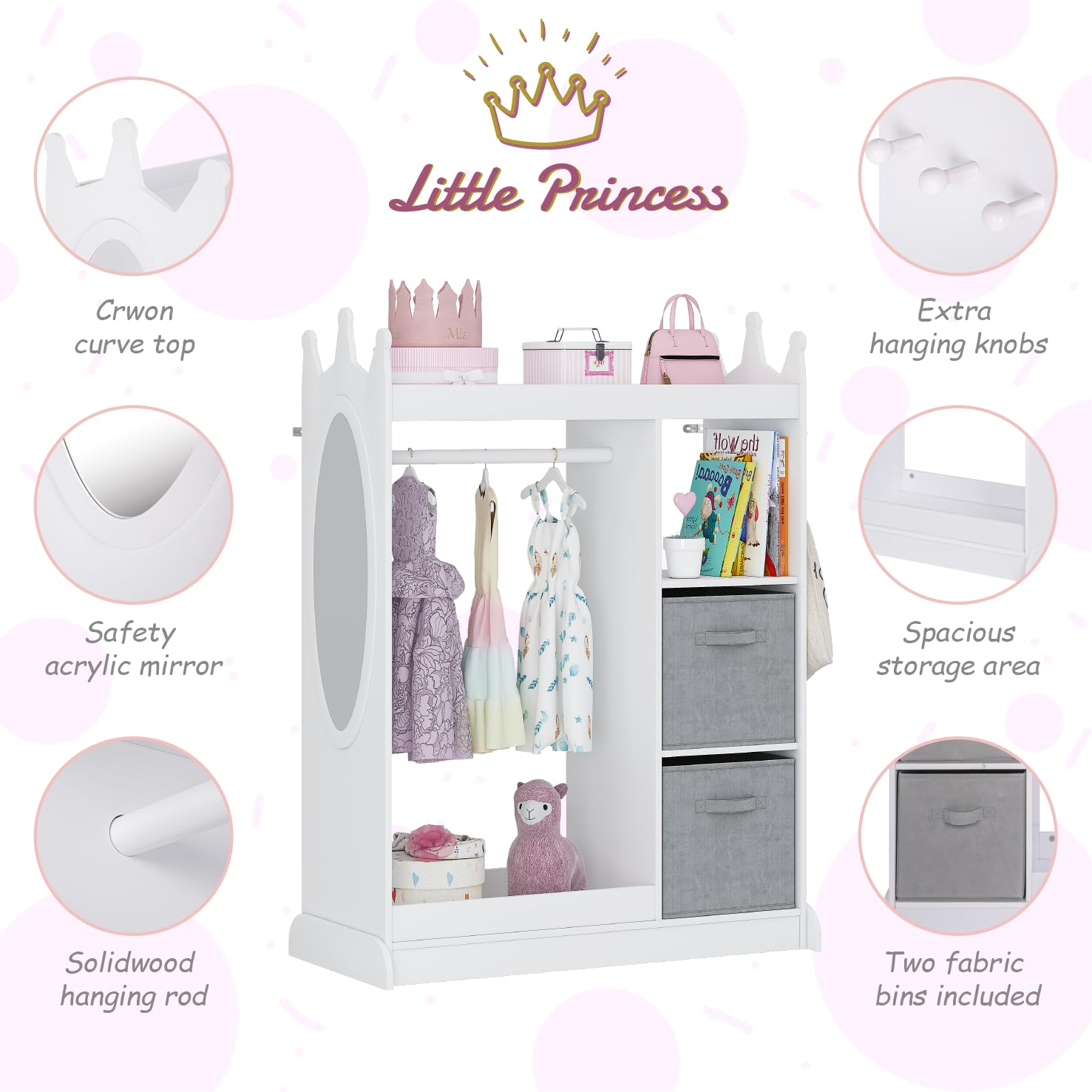 UTEX Kids Play Armoire with Mirror, Storage Bins and Closet for Dress Up and Costumes (White) - Image 4