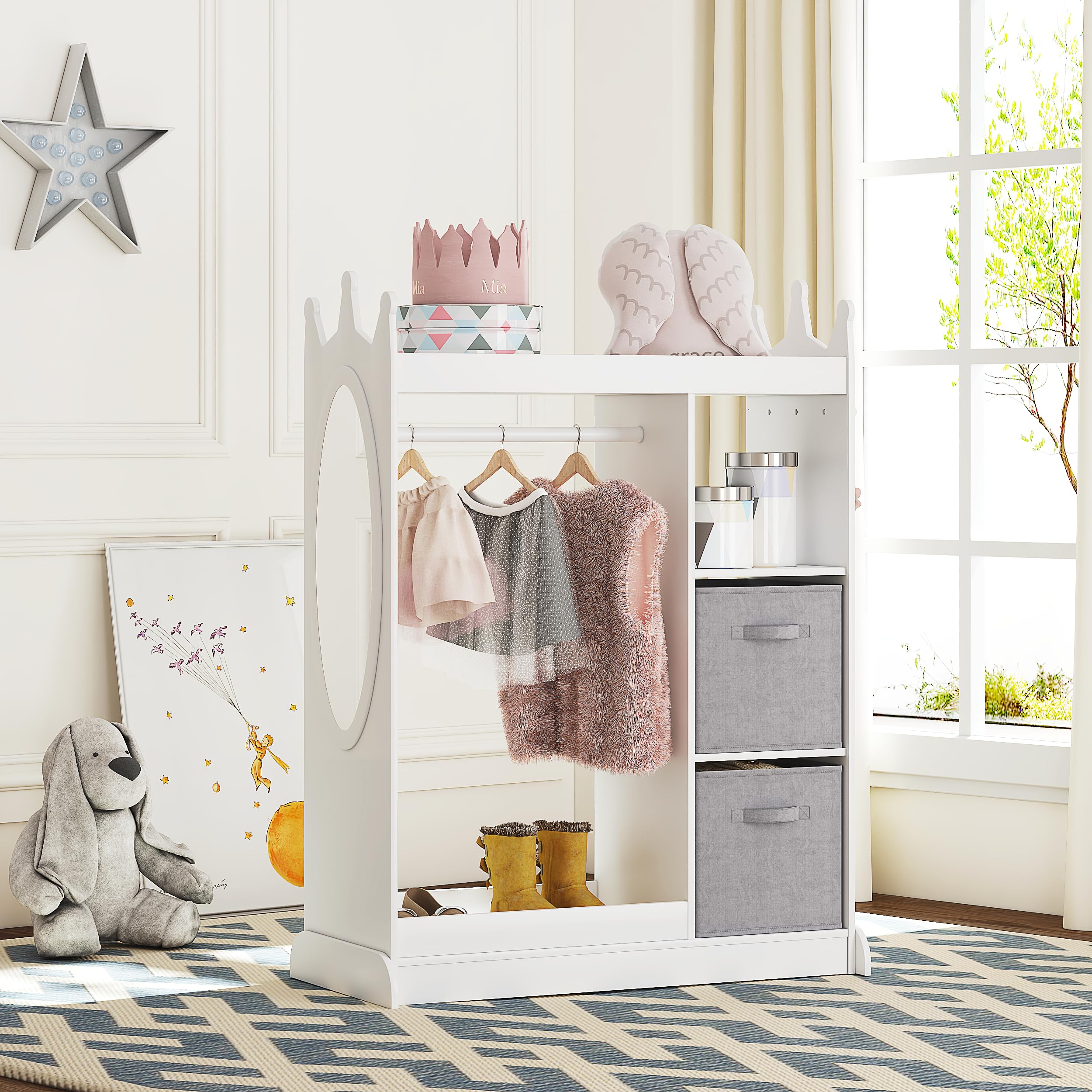 UTEX Kids Play Armoire with Mirror, Storage Bins and Closet for Dress Up and Costumes (White) - Image 6