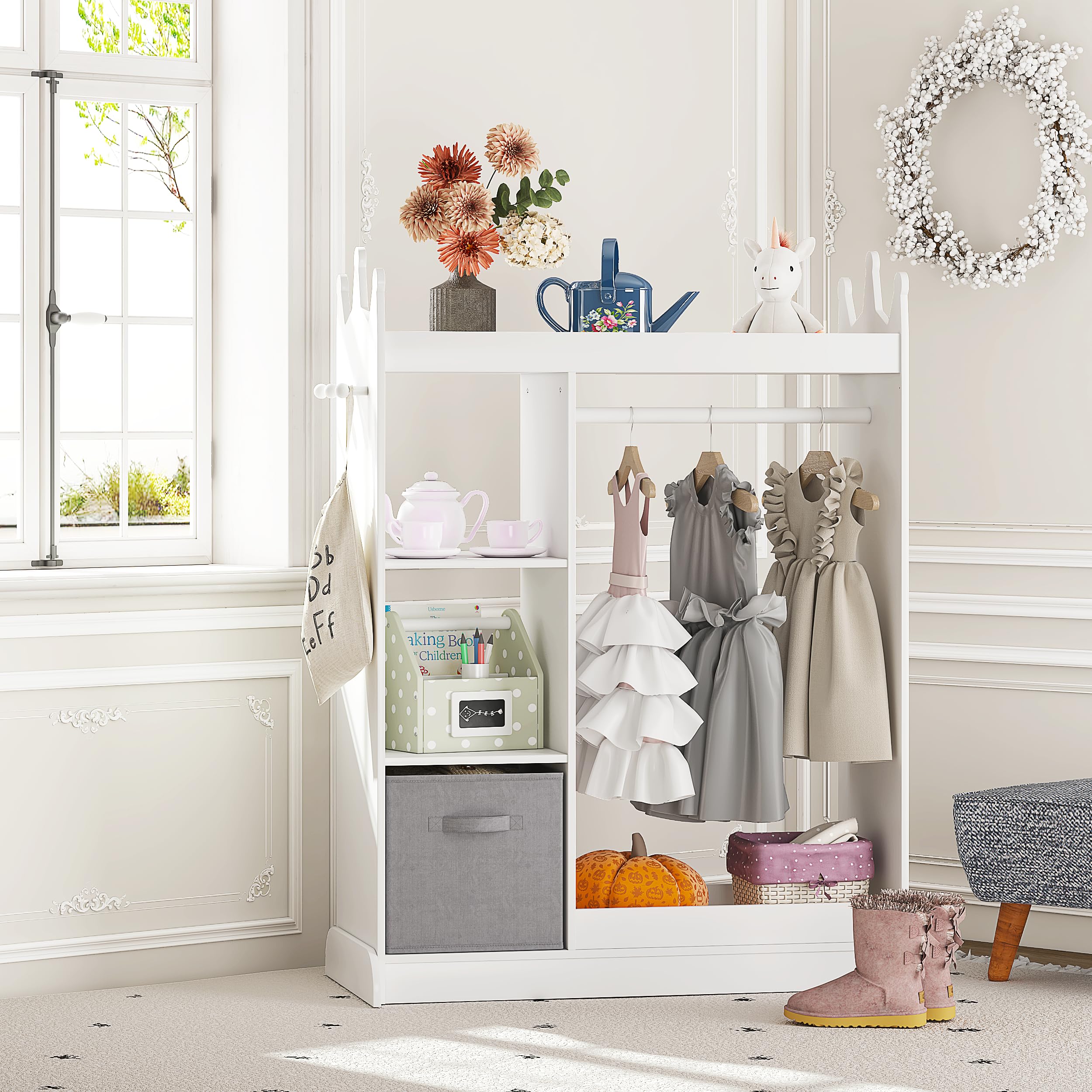 UTEX Kids Play Armoire with Mirror, Storage Bins and Closet for Dress Up and Costumes (White) - Image 7