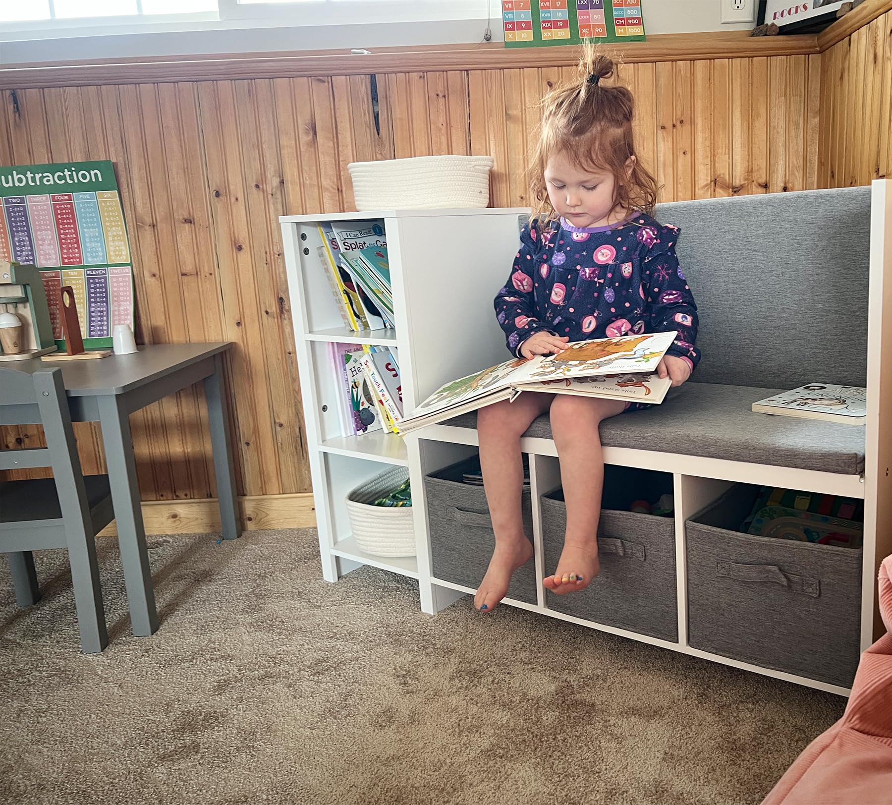 UTEX Kids Reading Nook Bench with Bookshelf, Kids Bookcase and Storage Organizer with Seat Cushion, Reading Bench with Bins for Bedroom & Entryway, White - Image 3