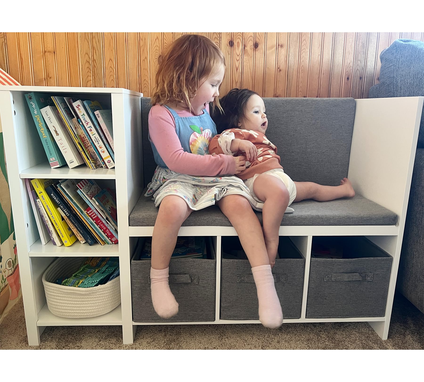 UTEX Kids Reading Nook Bench with Bookshelf, Kids Bookcase and Storage Organizer with Seat Cushion, Reading Bench with Bins for Bedroom & Entryway, White - Image 7