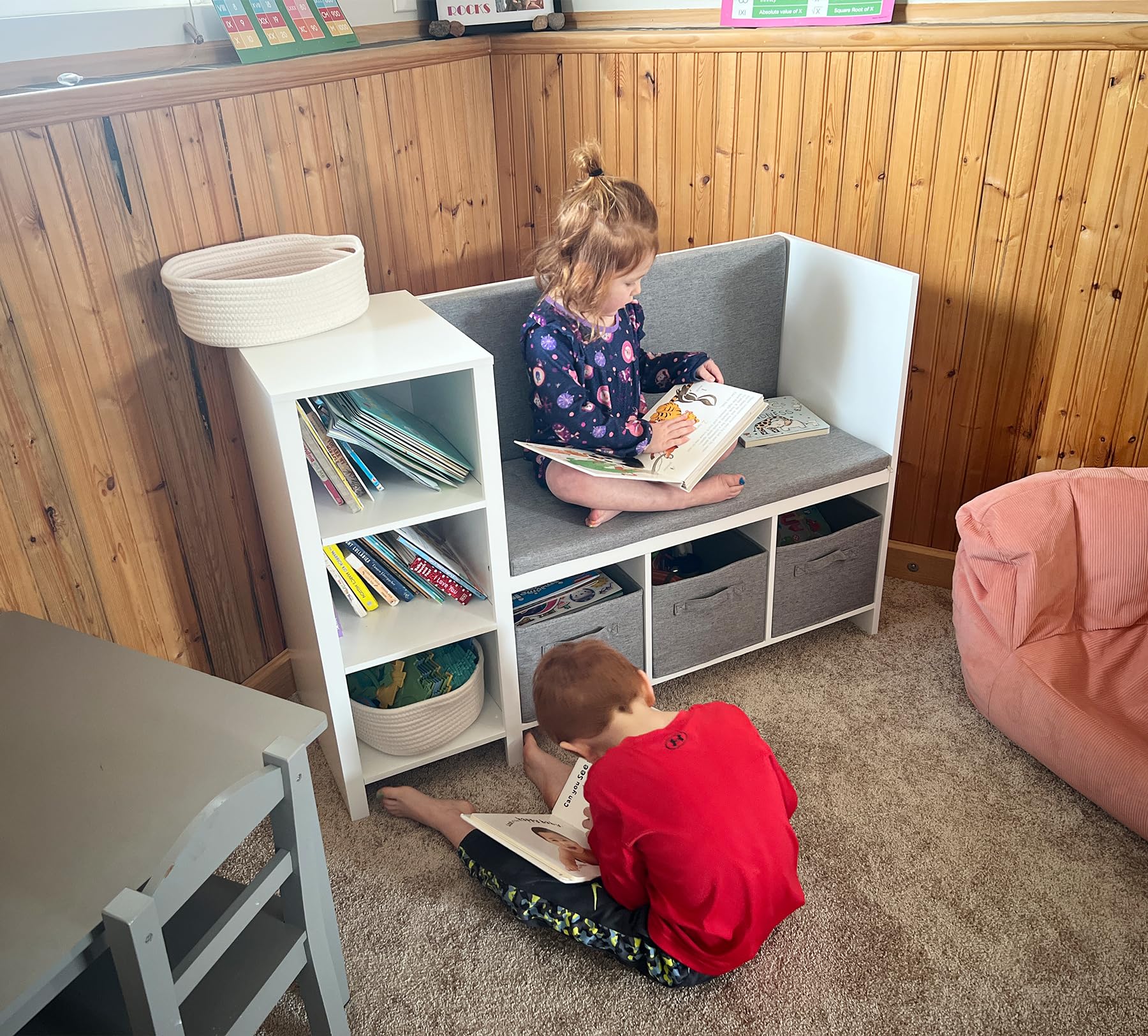 UTEX Kids Reading Nook Bench with Bookshelf, Kids Bookcase and Storage Organizer with Seat Cushion, Reading Bench with Bins for Bedroom & Entryway, White - Image 8